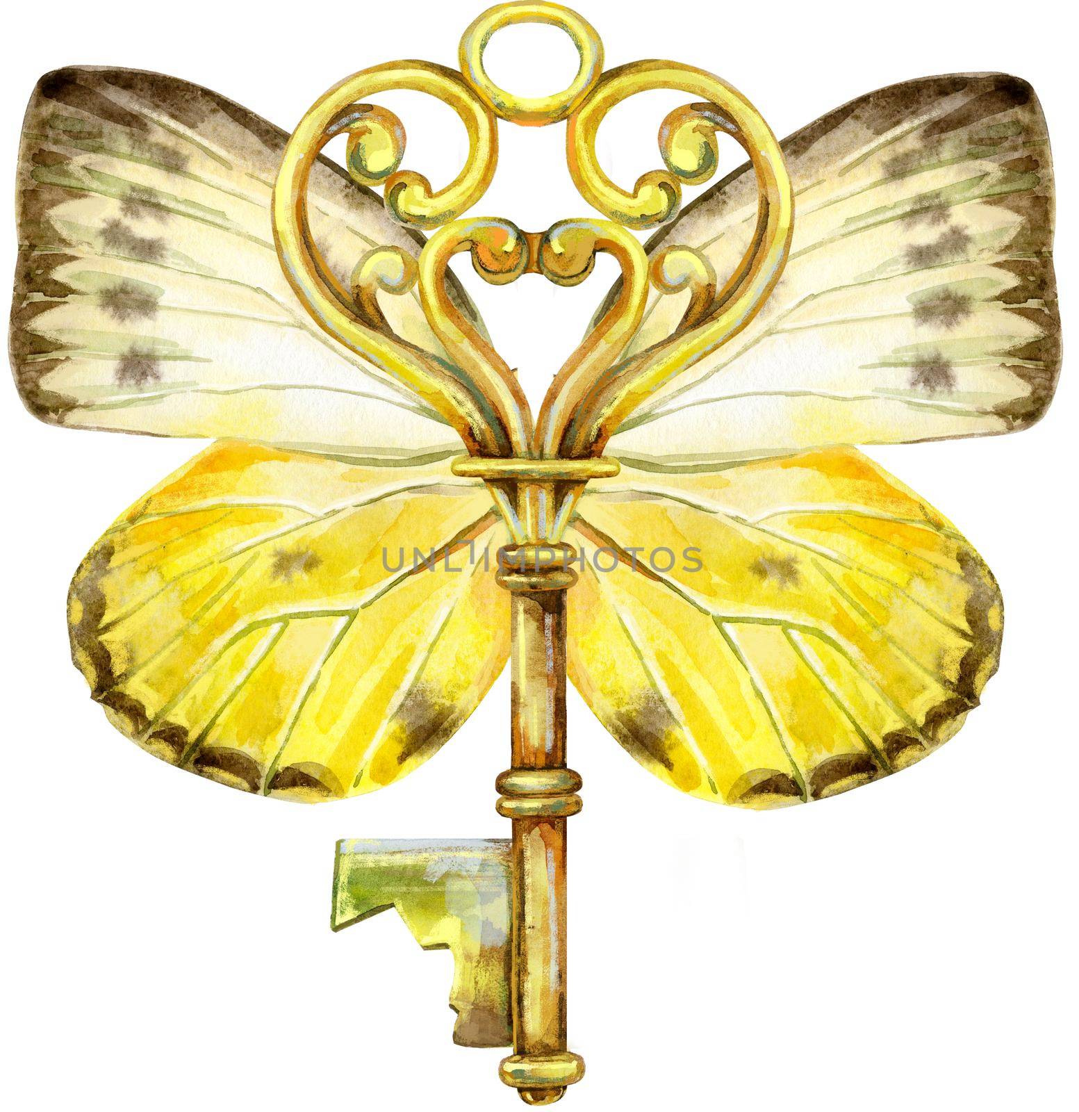 Golden key with butterfly wings. Watercolor illustration on a white background
