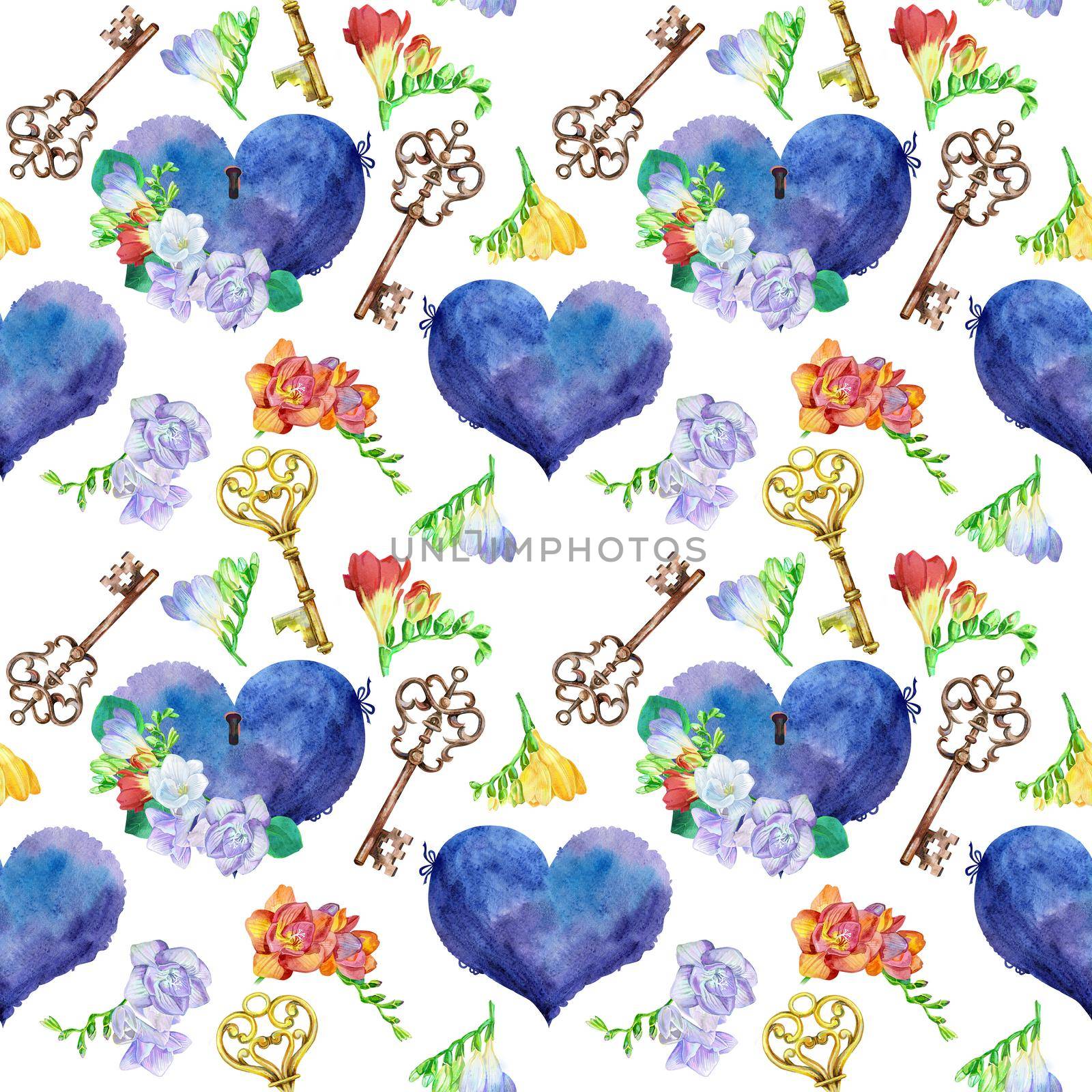 Seamless watercolor pattern with vintage hearts, keys and freesia isolated on white background by NataOmsk