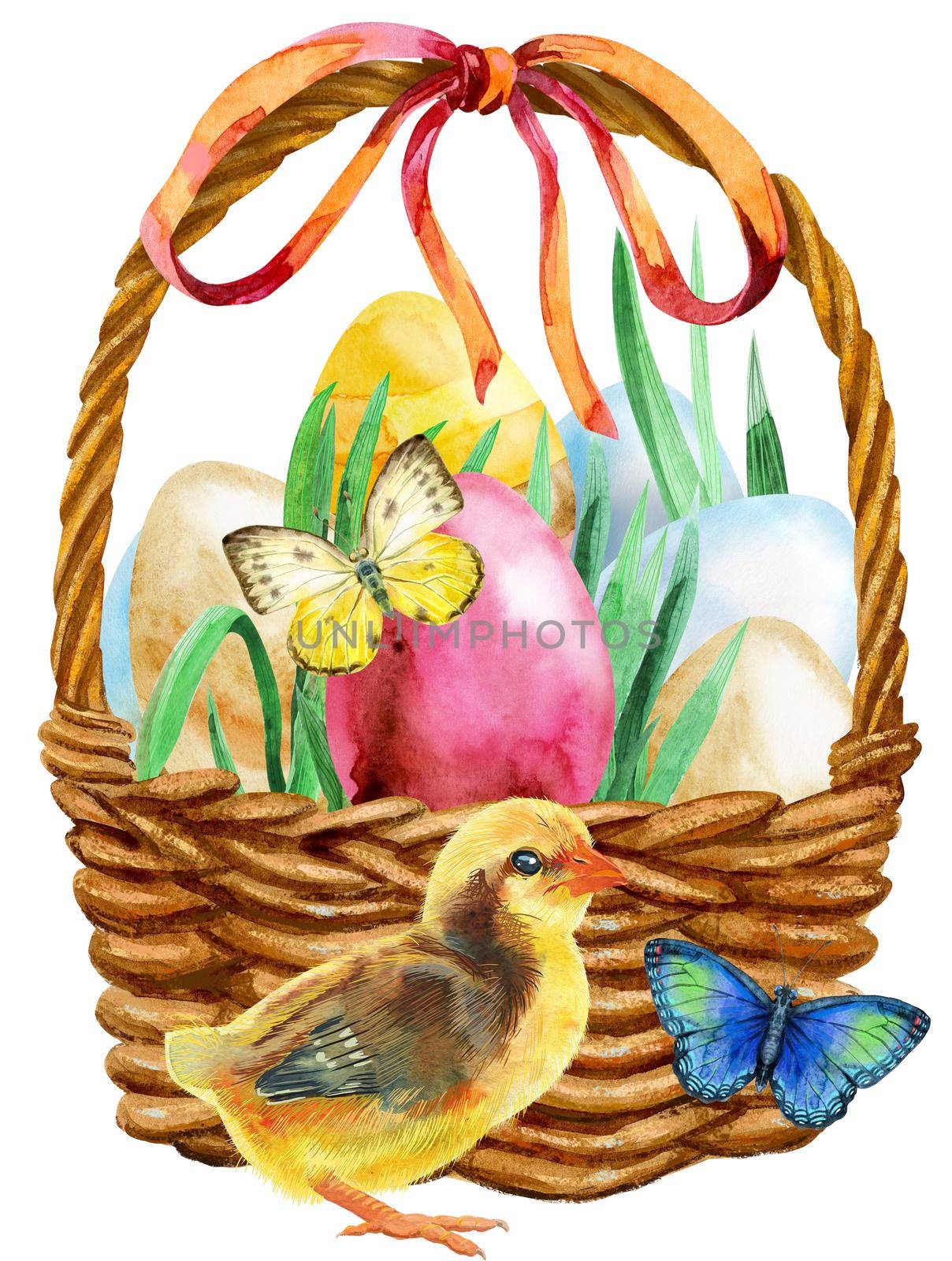 Waterciolor illustration of an Easter basket filled with eggs and chicken