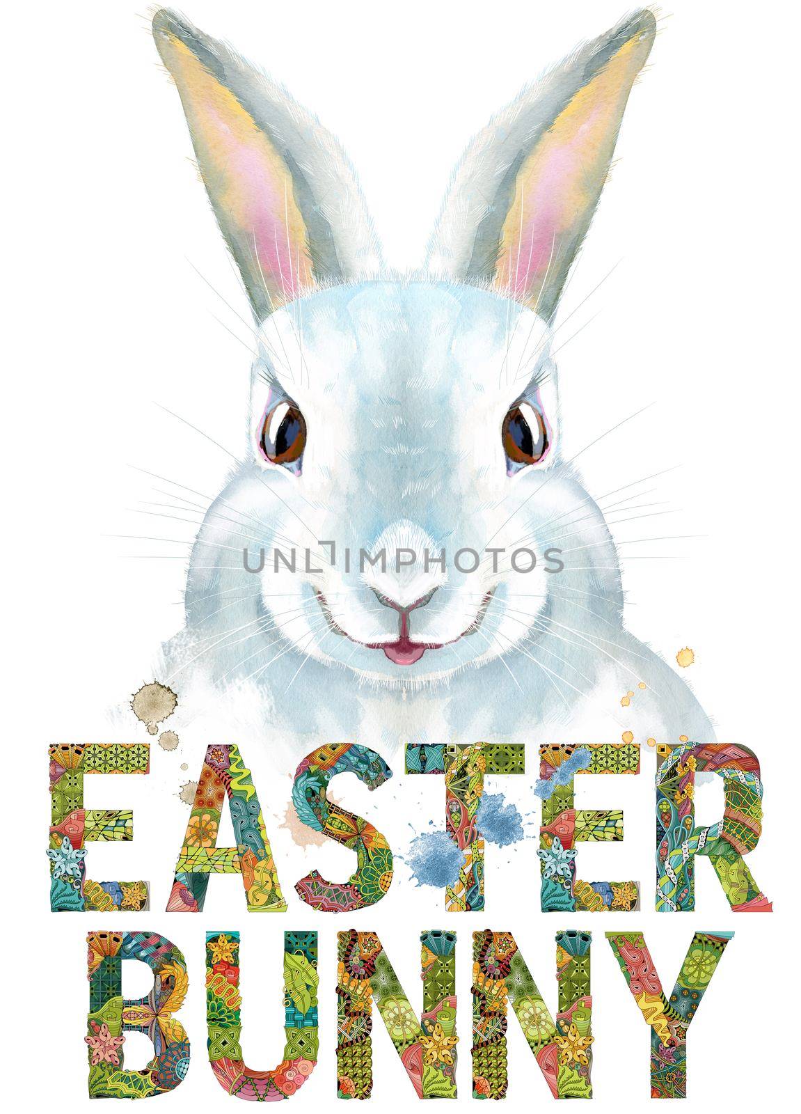 Watercolor illustration of a white rabbit with words easter bunny by NataOmsk