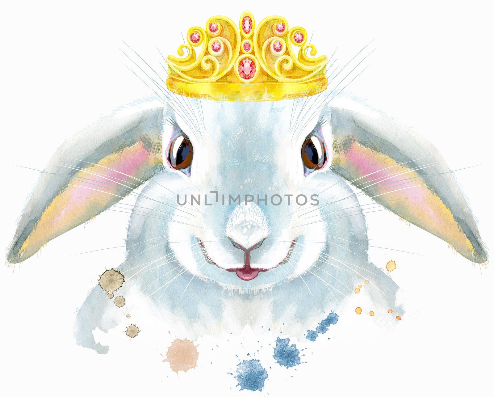 Watercolor illustration of a white rabbit with golden crown by NataOmsk