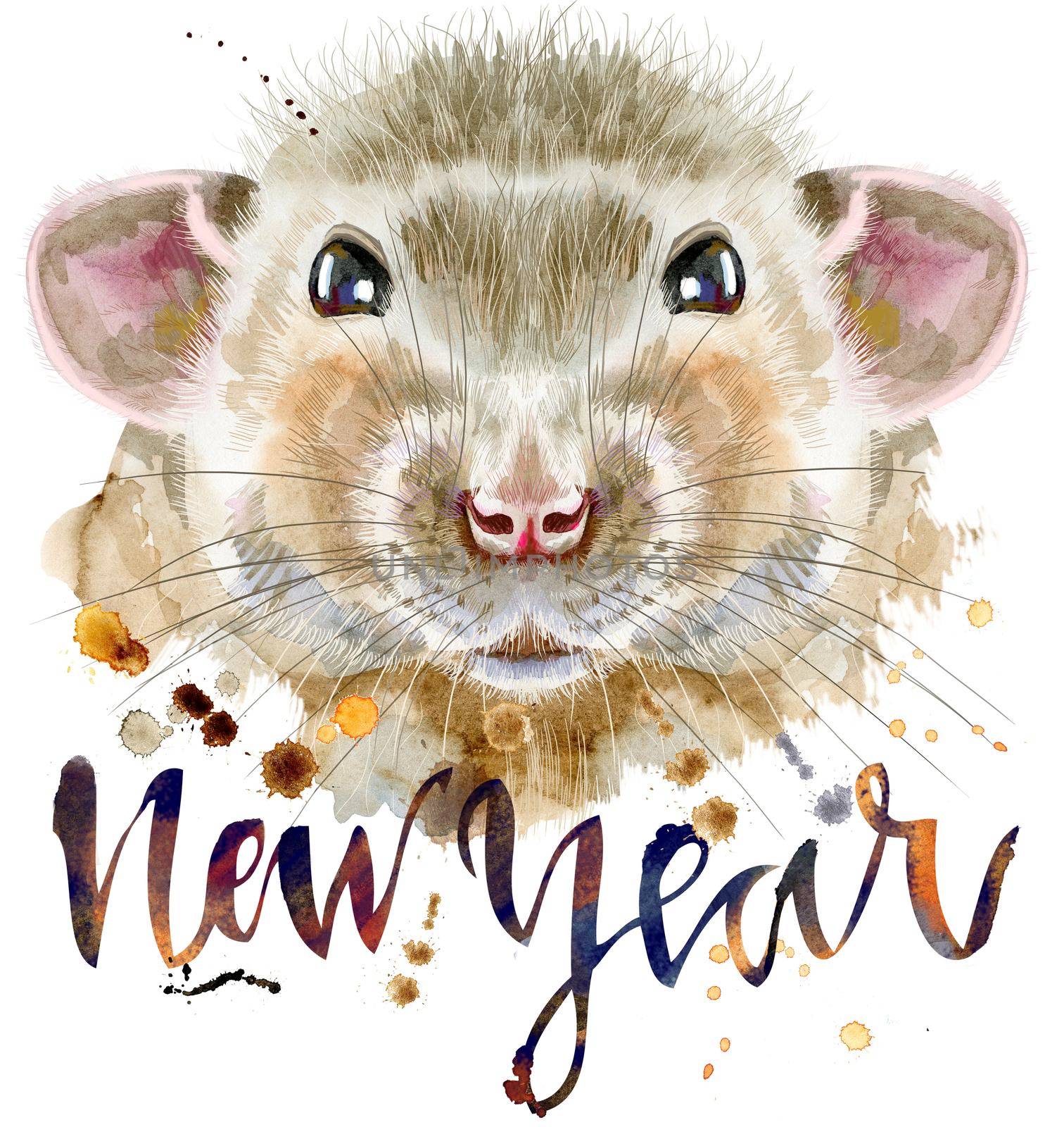 Watercolor portrait of rat with the inscription new year and splashes by NataOmsk