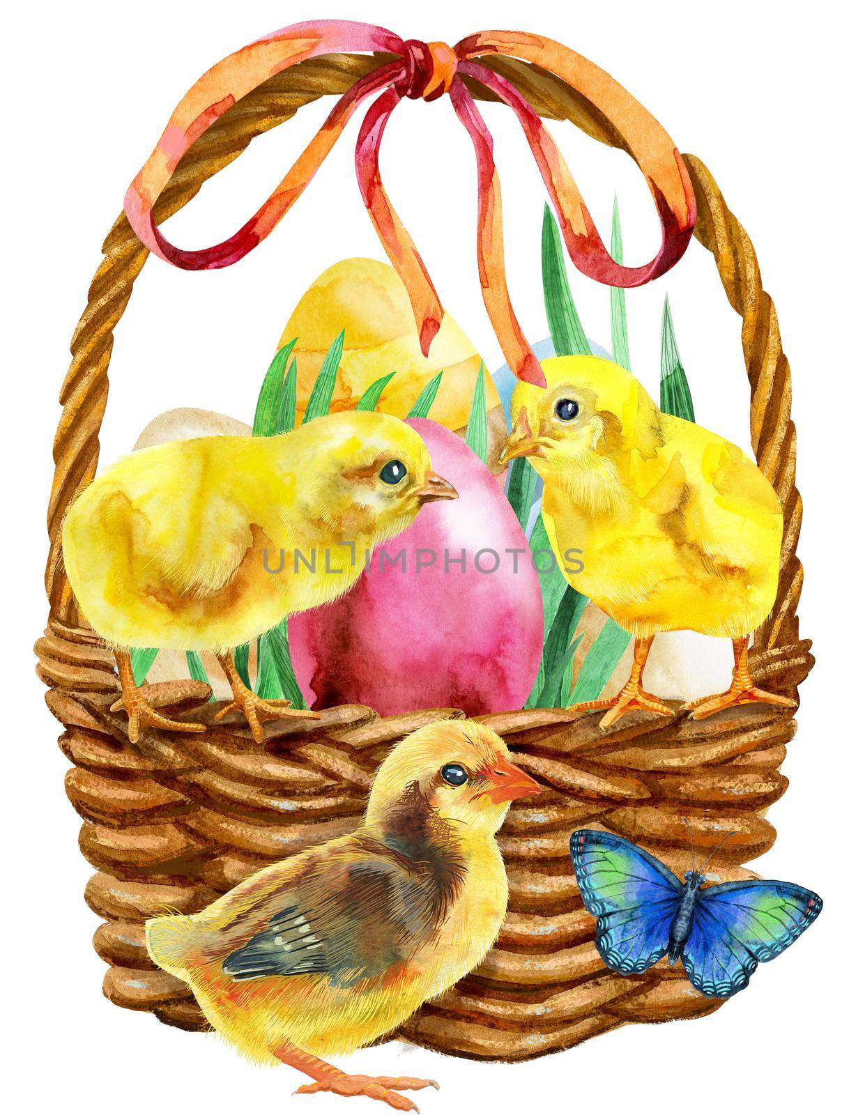Waterciolor illustration of an Easter basket filled with eggs and yellow chickens