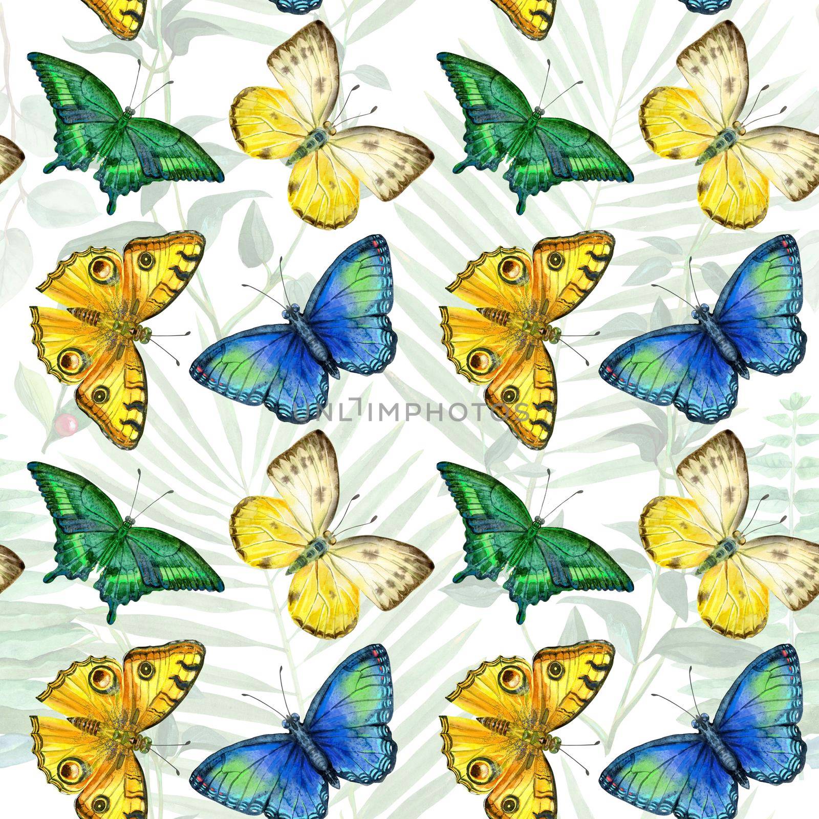 Floral leaves seamless pattern with colorful butterflies on white background by NataOmsk