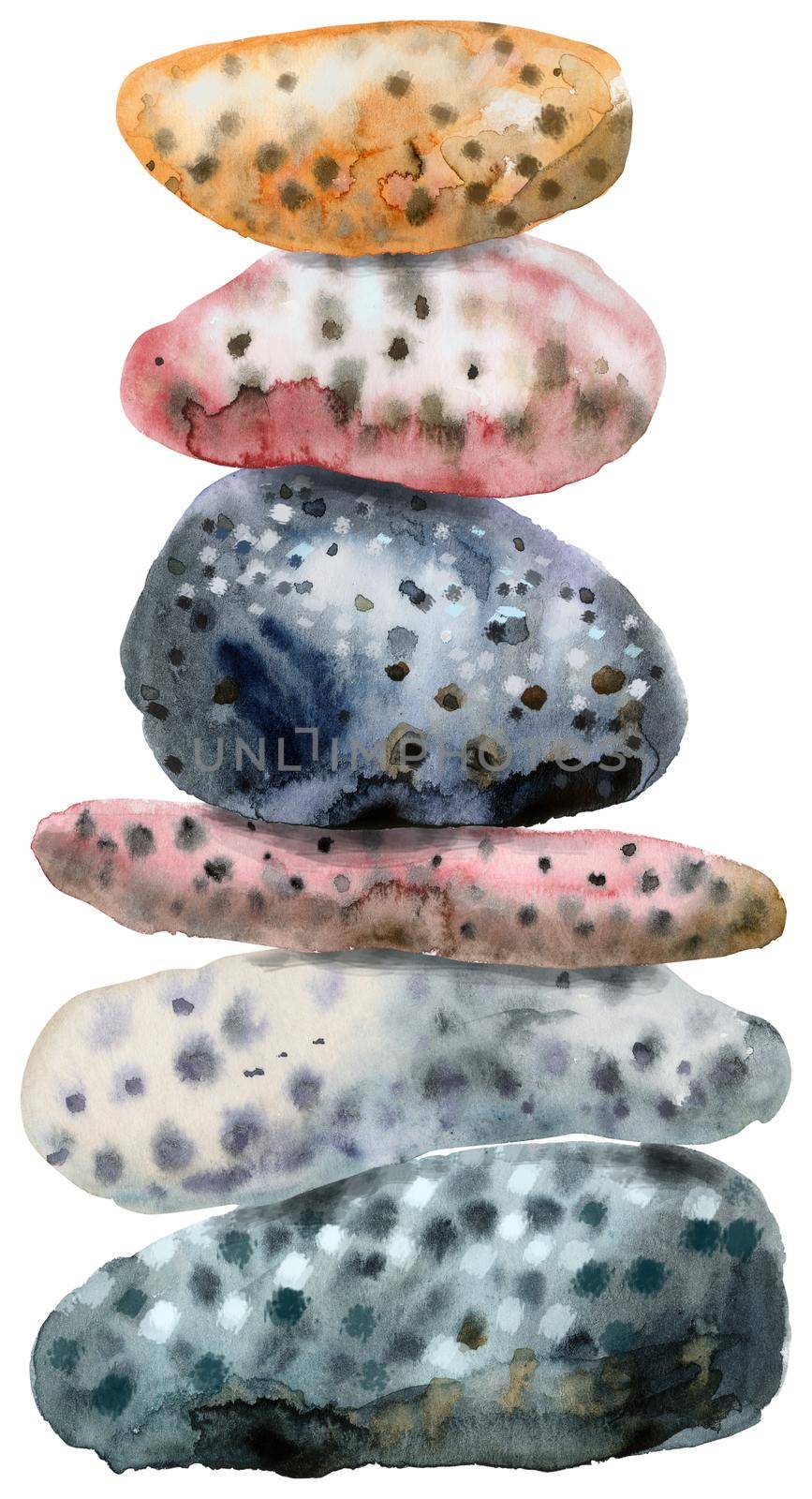 Hand drawn isolated colorful watercolor heap of stones on white background