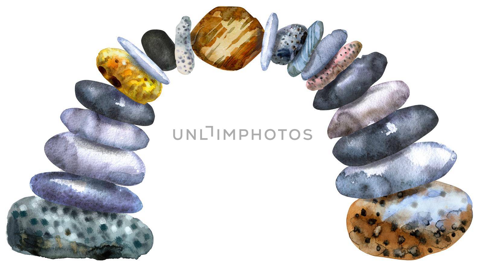 Hand drawn isolated colorful watercolor arch of pebbles on white background