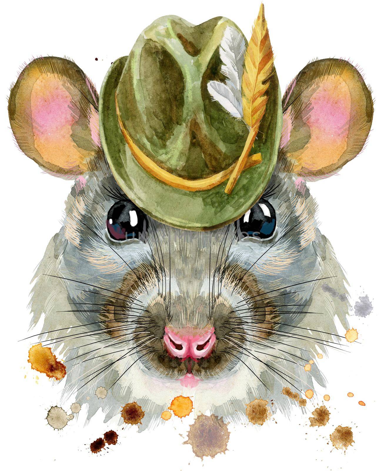 Watercolor portrait of rat in green hat with splashes by NataOmsk