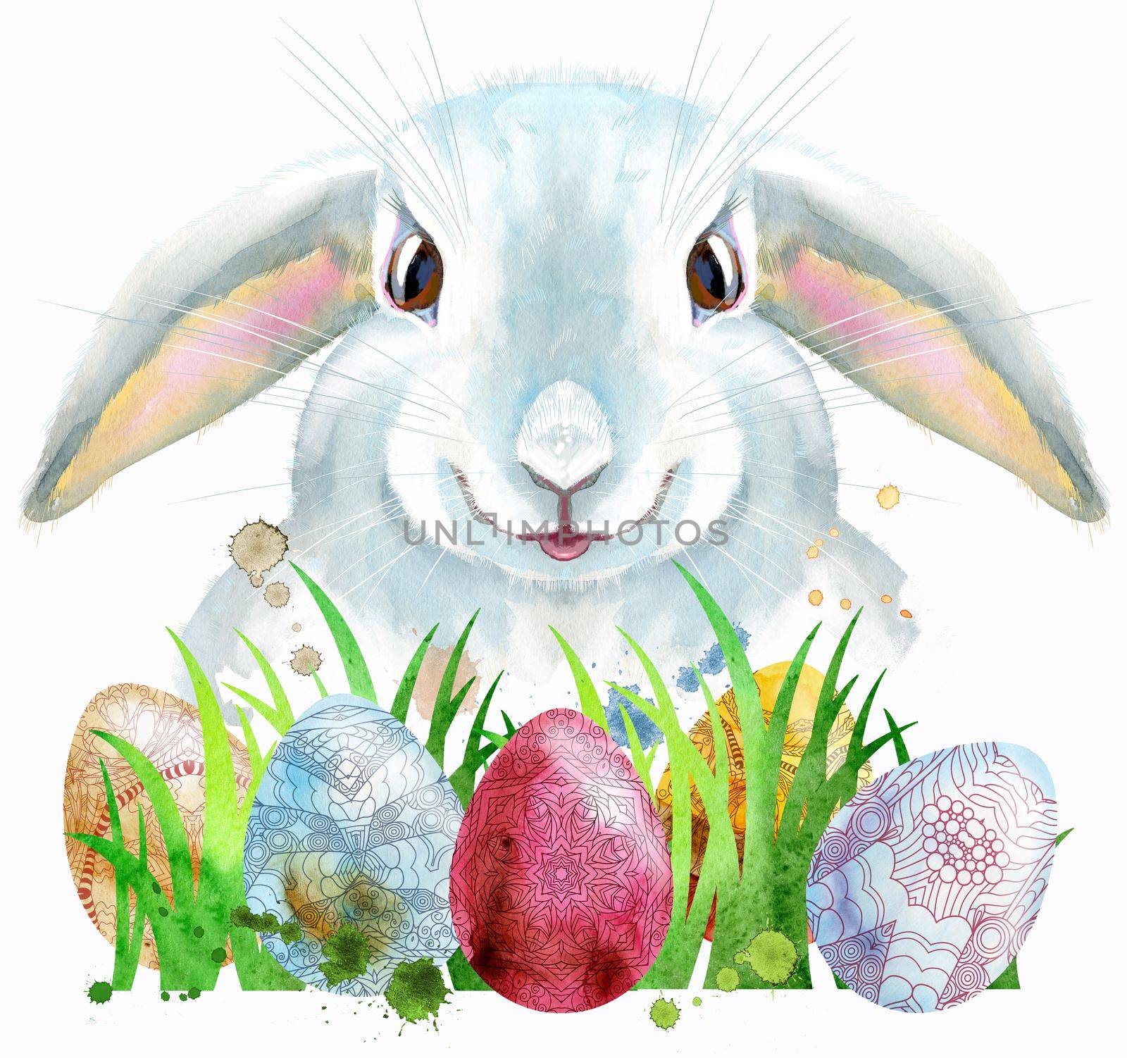 Watercolor illustration of a white rabbit with eggs and grass by NataOmsk