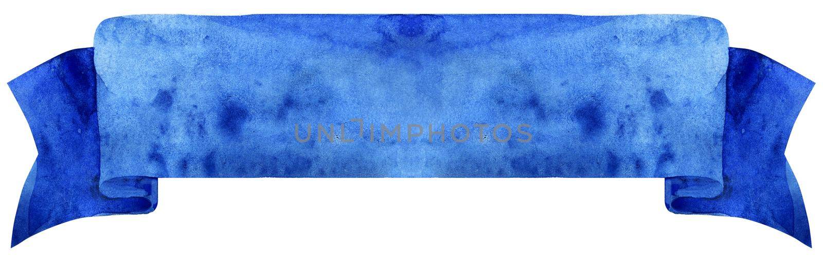 Watercolor hand-drawn illustration. Navy blue waving flag or banner