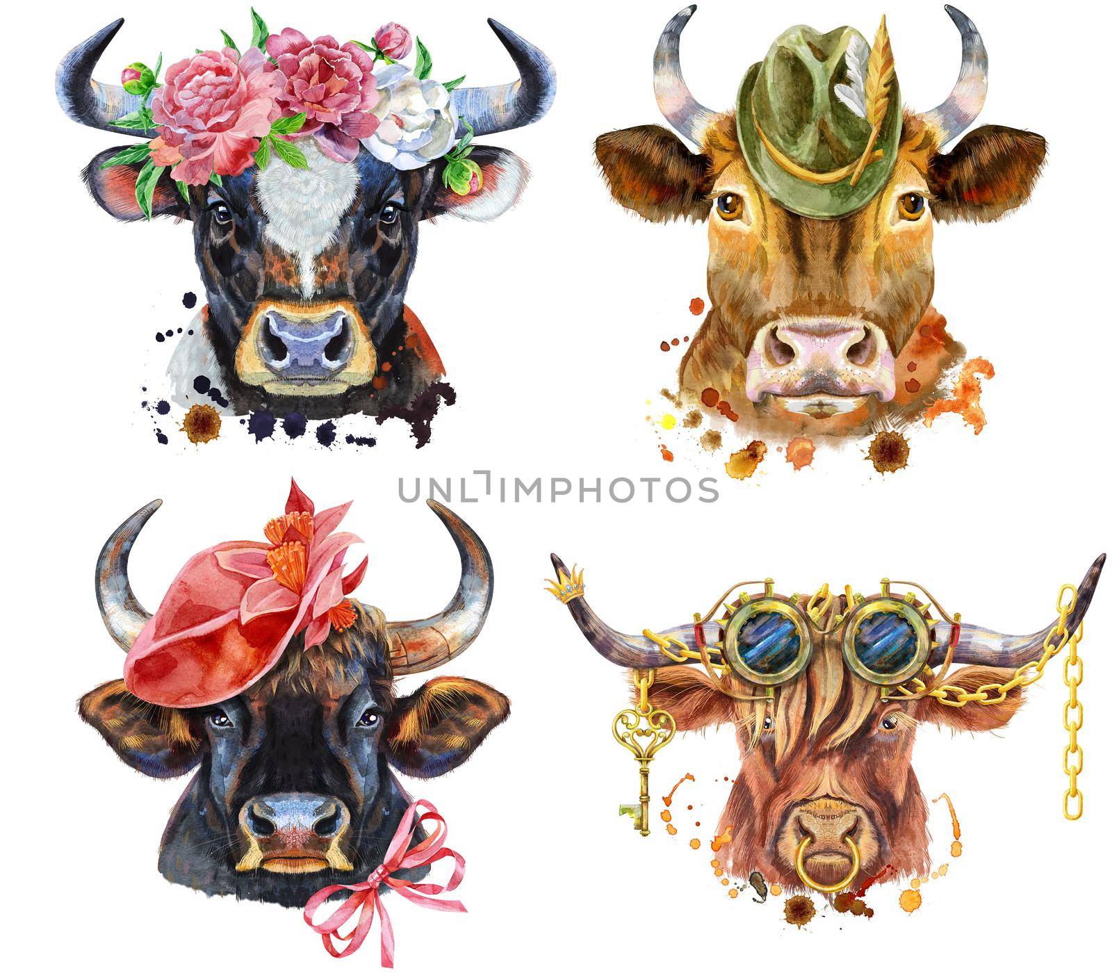 Illustration of a brown long-horned bull with steampunk glasses, bull in wreath of peonies, bulls in hat