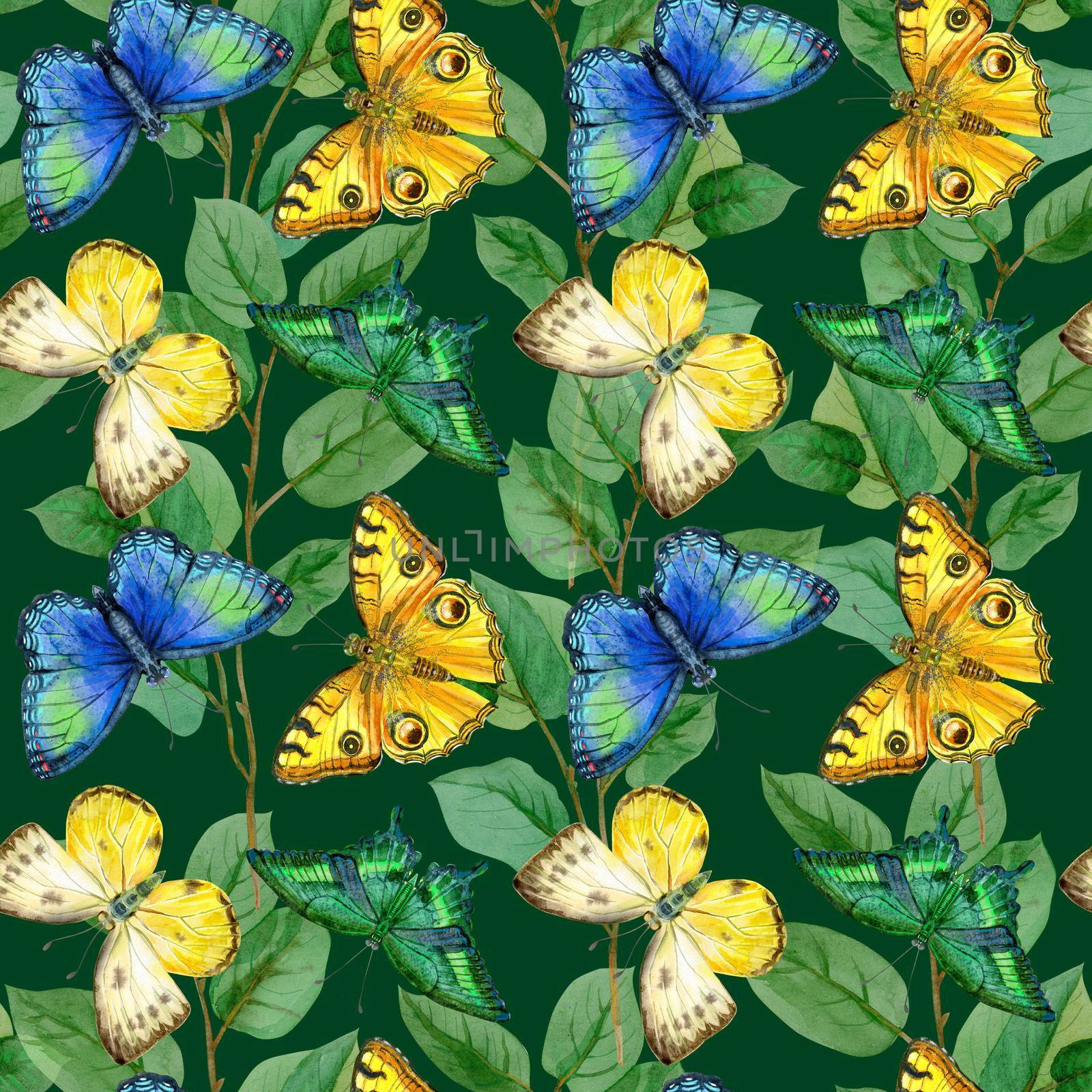 Floral leaves seamless pattern with colorful butterflies on dark green background. Artistic design for floral print for packaging, textile, wallpaper, gift wrap, greeting or wedding background.