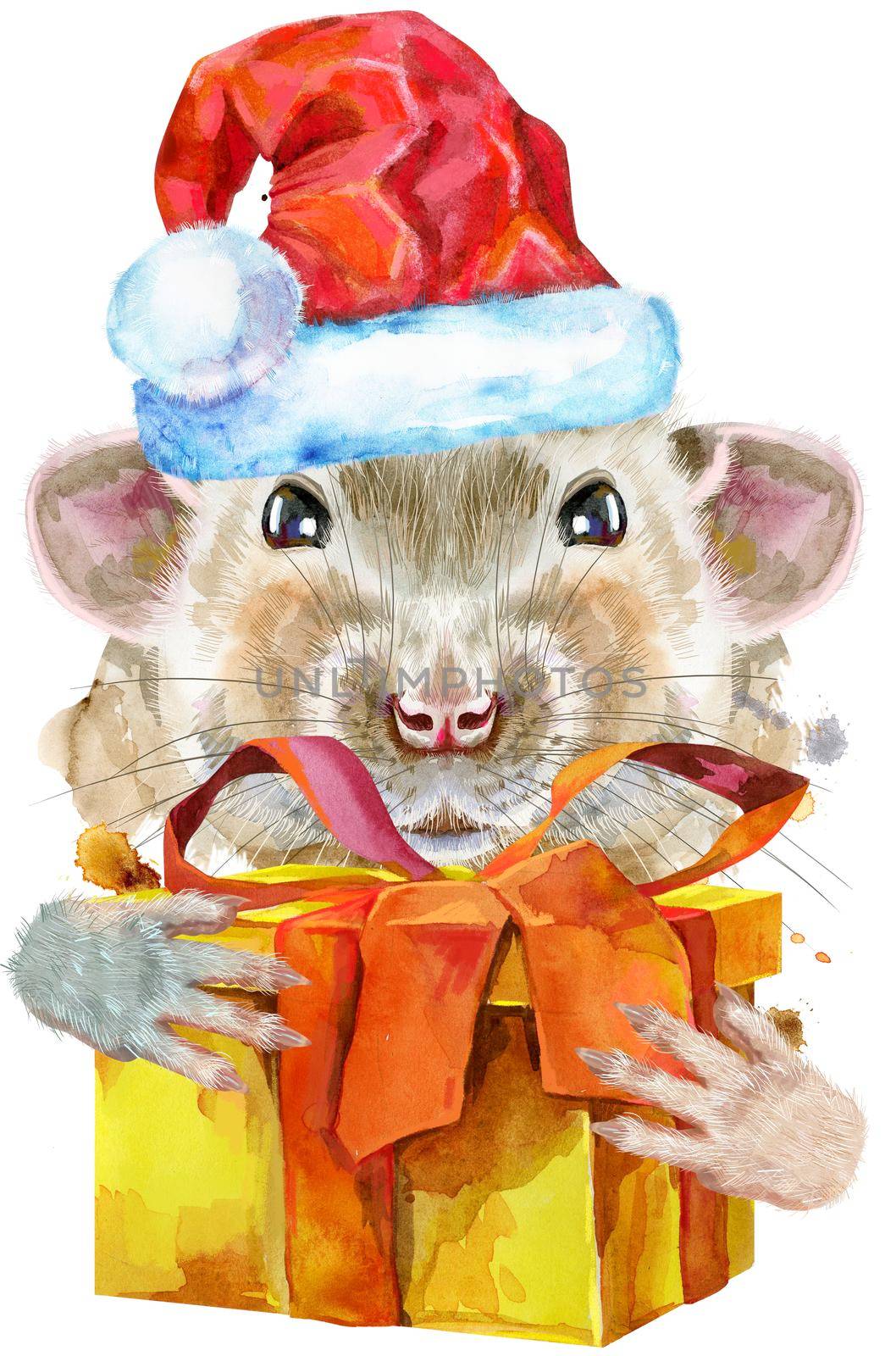 Watercolor portrait with gift of white rat in Santa hat with splashes by NataOmsk