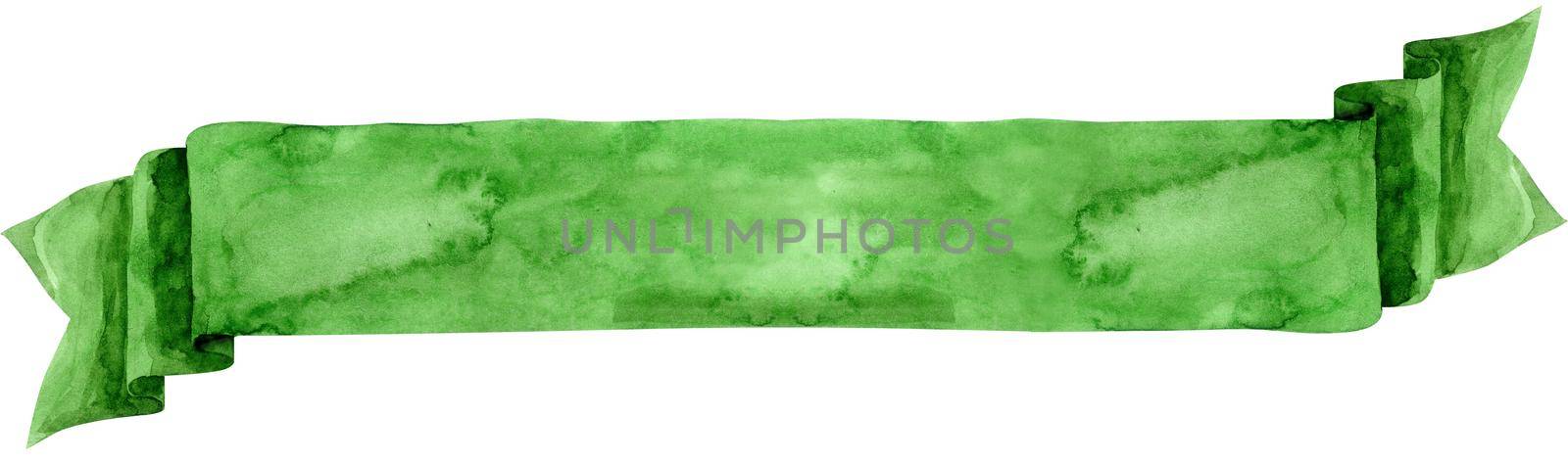 Watercolor hand-drawn illustration. Green waving flag or banner