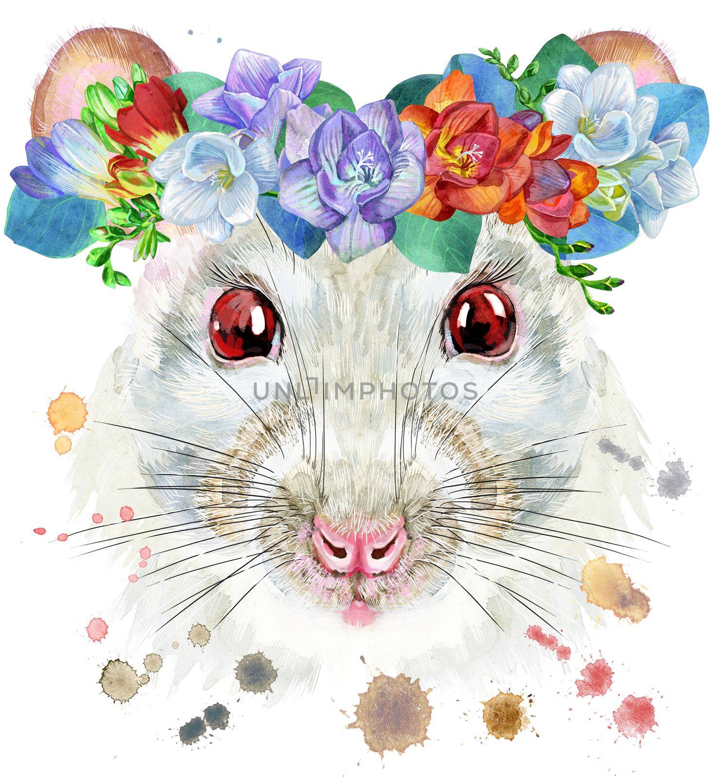 Cute white rat for t-shirt graphics. Watercolor rat with freesia and eucalyptus wreath illustration