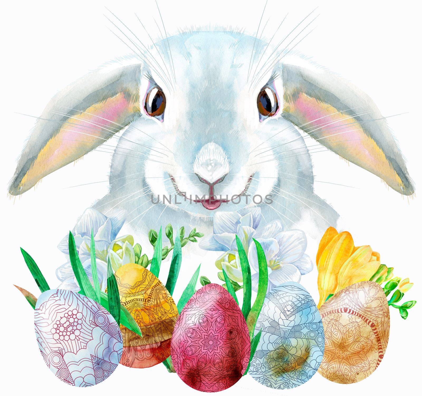 Cute beige rabbit on white background with eggs and freesia, isolated