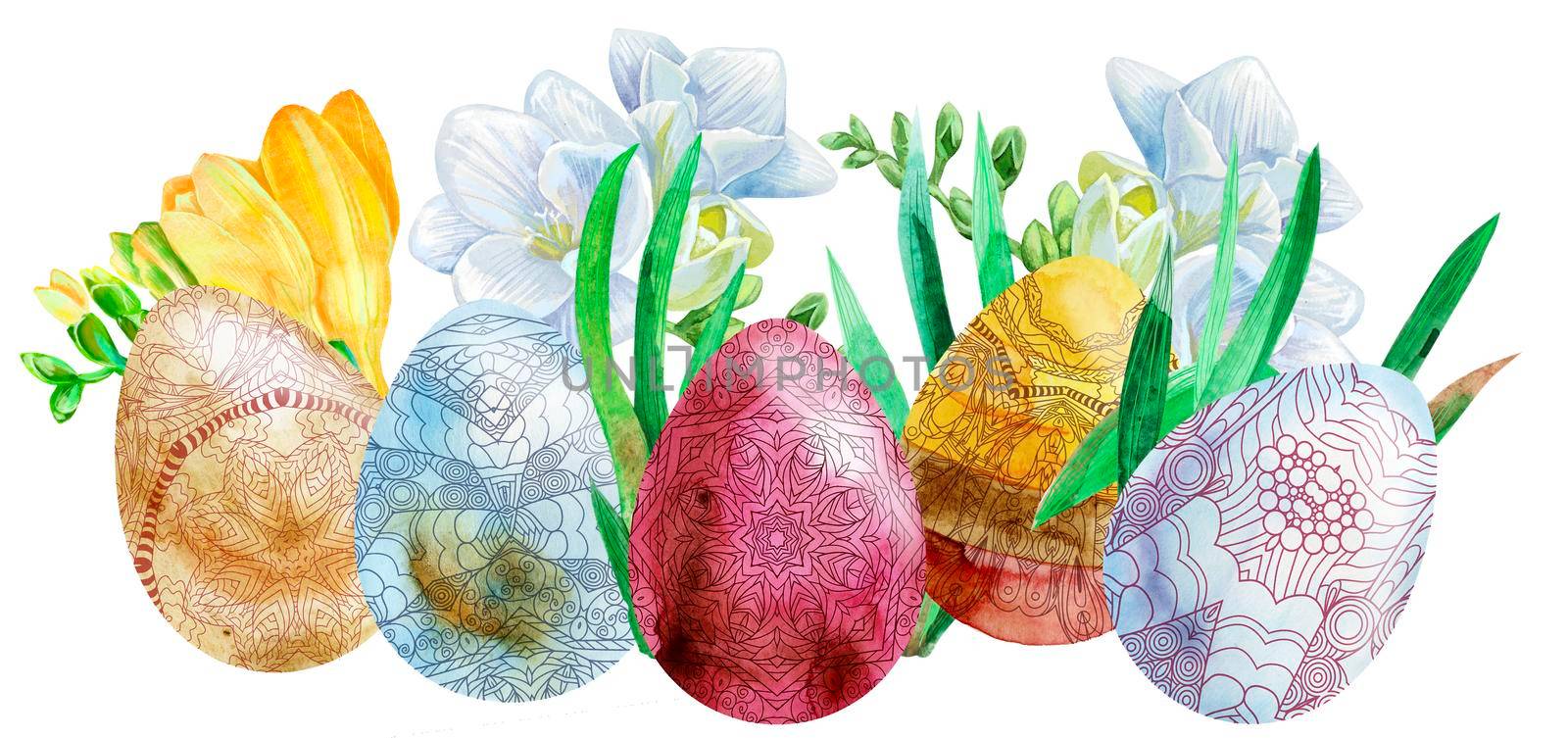 Watercolor Easter colored eggs with freesia and grass. by NataOmsk