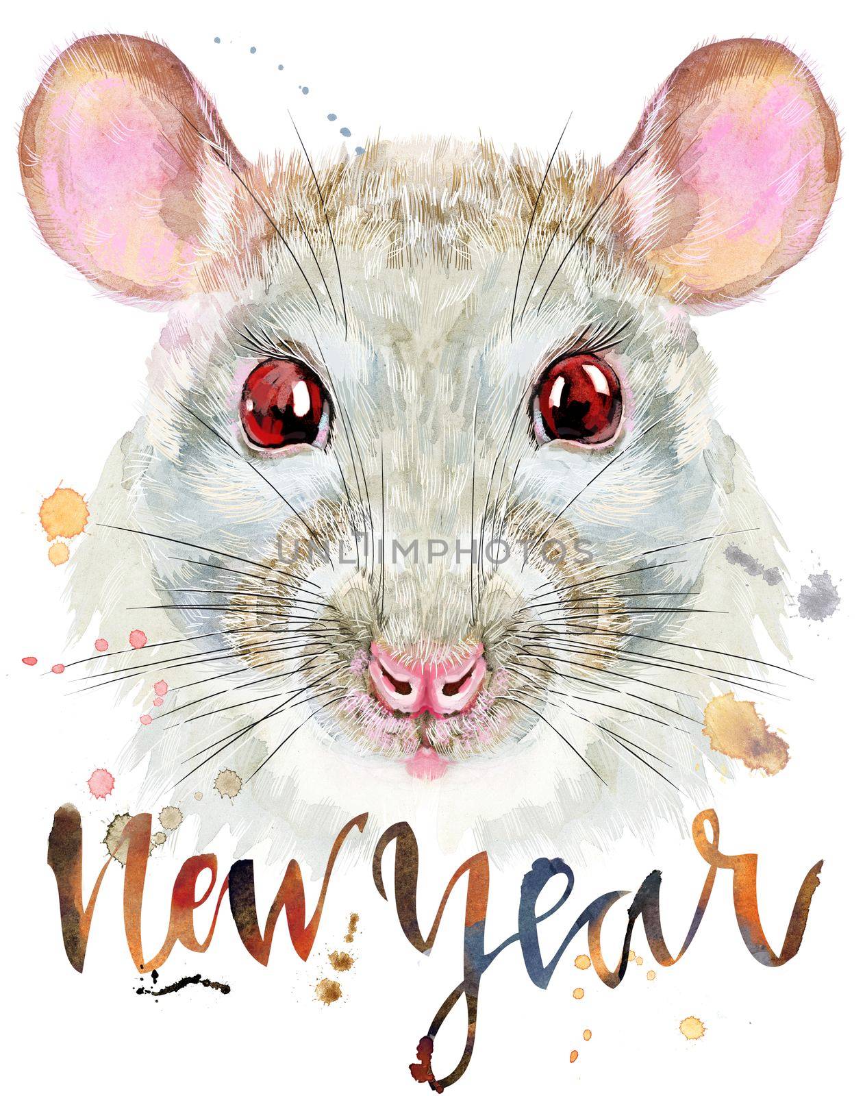 Cute white rat with the inscription new year for t-shirt graphics. Watercolor rat illustration