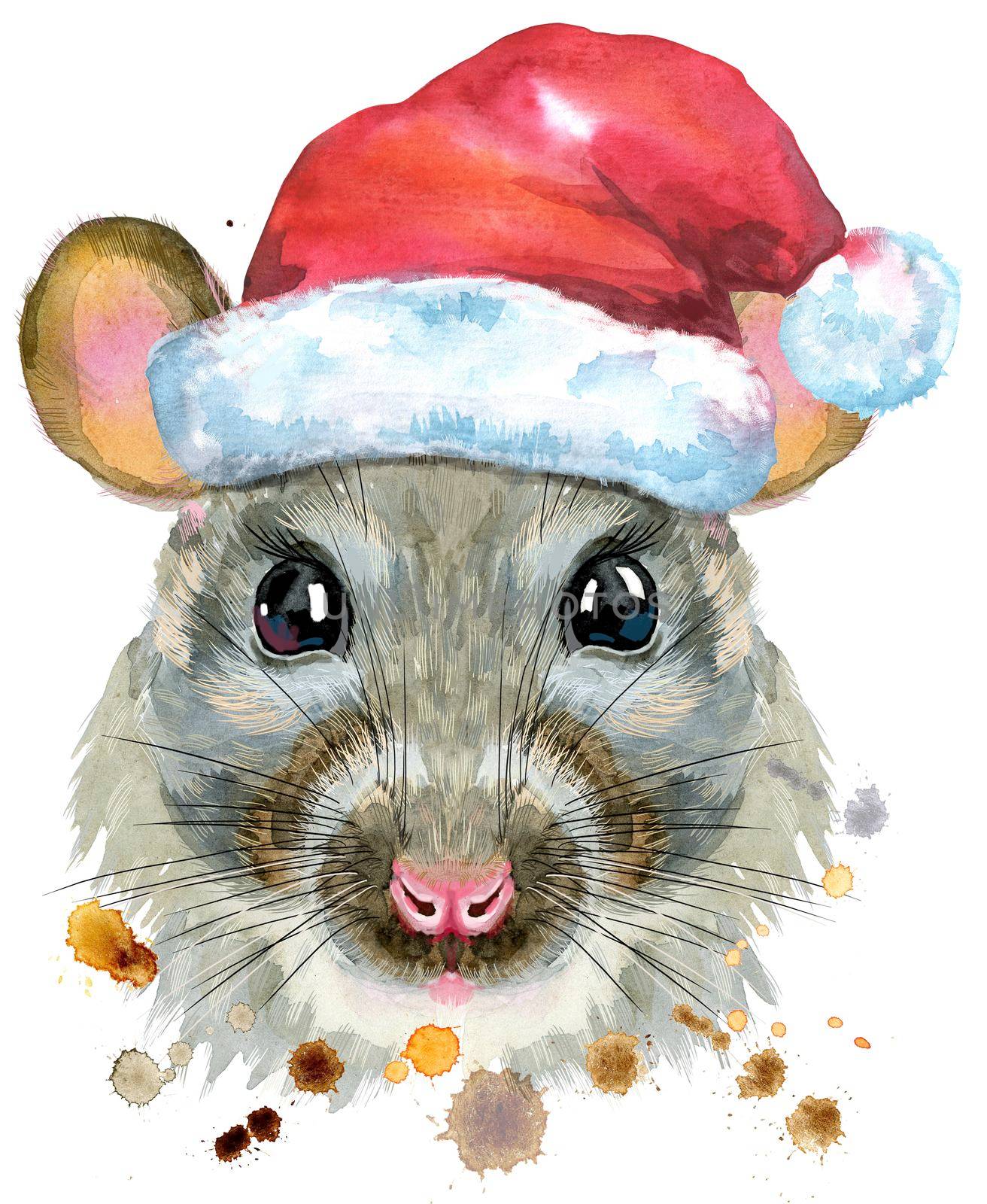 Watercolor portrait of rat in Santa hat with splashes by NataOmsk