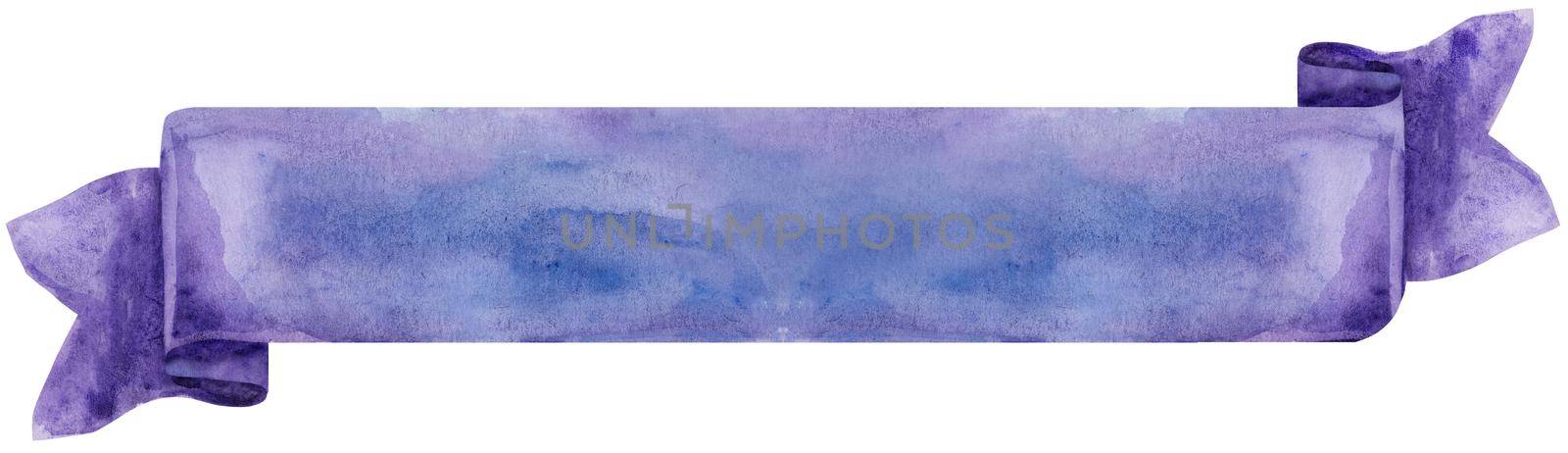 Watercolor hand-drawn illustration. Violet waving flag or banner