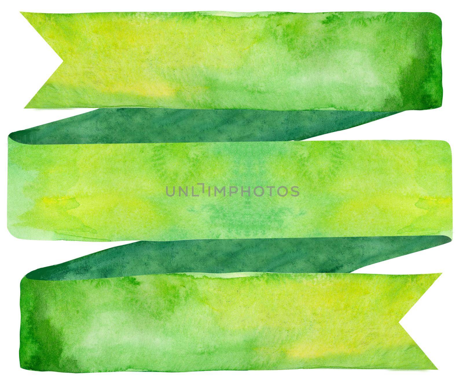 Watercolor vintage green ribbon. Hand painted banners isolated on white background. by NataOmsk