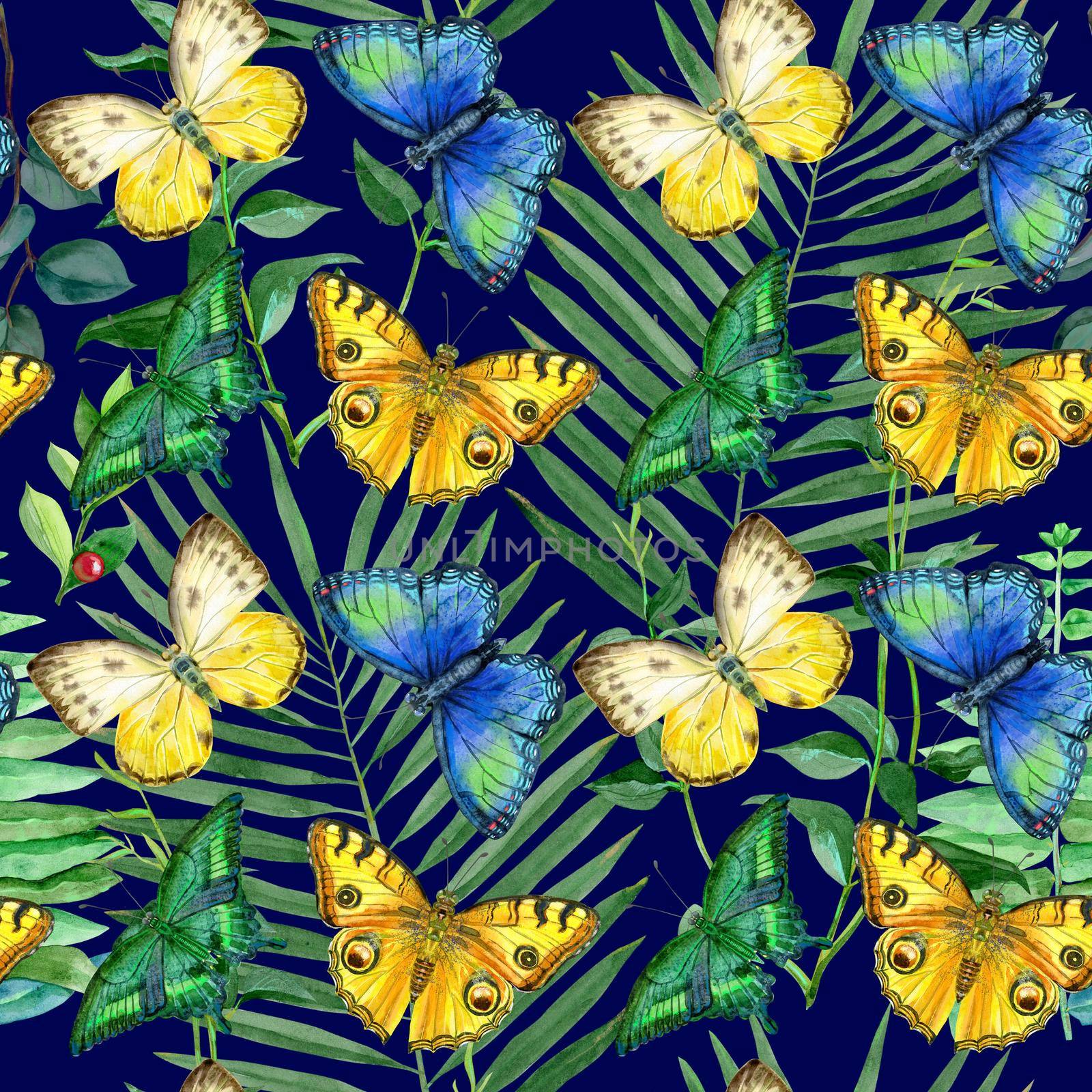 Floral leaves seamless pattern with colorful butterflies on dark blue background. Artistic design for floral print for packaging, textile, wallpaper, gift wrap, greeting or wedding background.