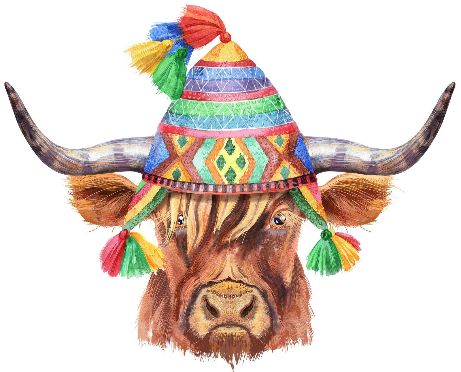 Bull in chullo hat watercolor graphics. Bull animal illustration with splash watercolor textured background.