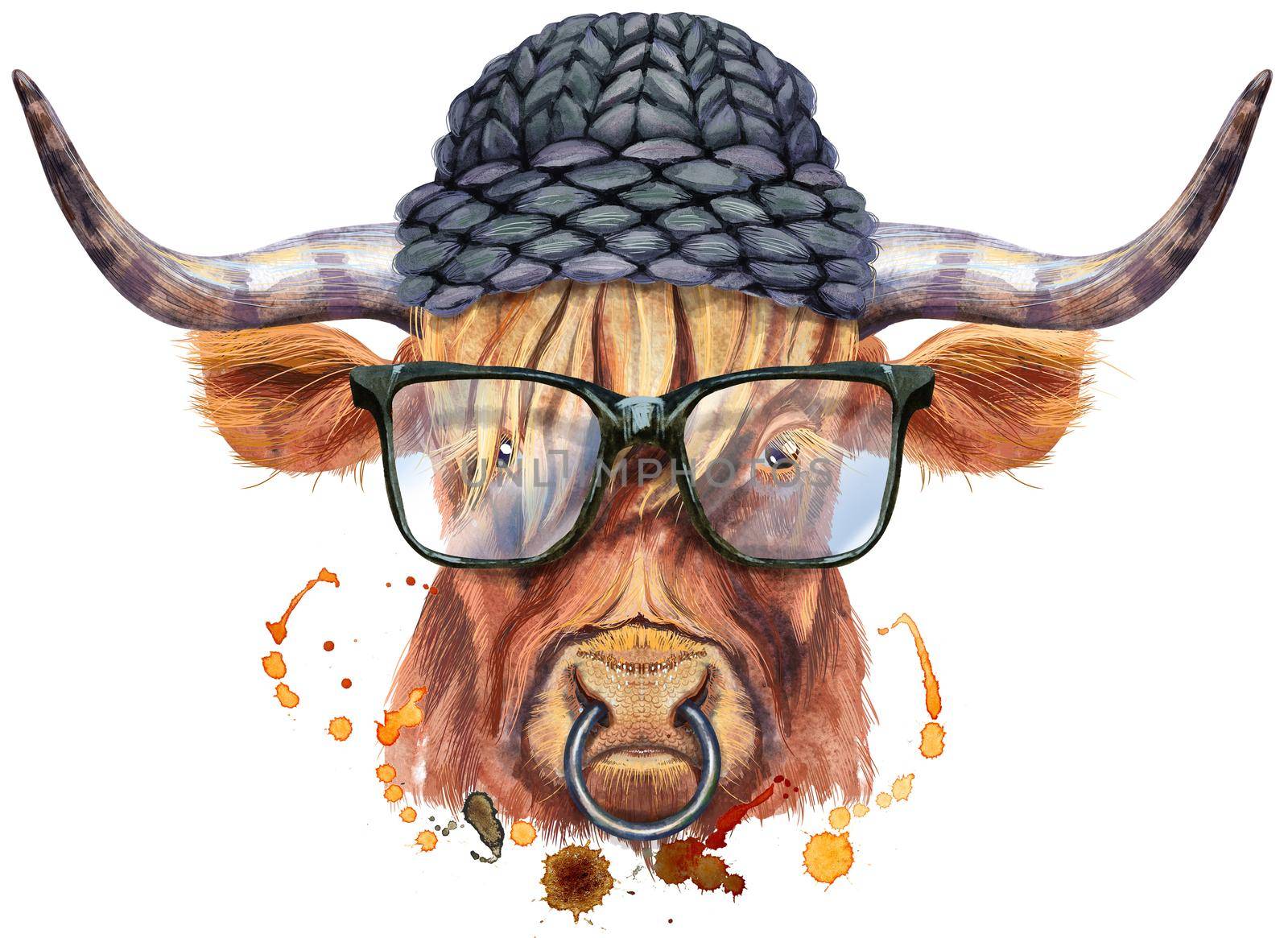 Watercolor illustration of a brown long-horned bull with glasses and black hat by NataOmsk