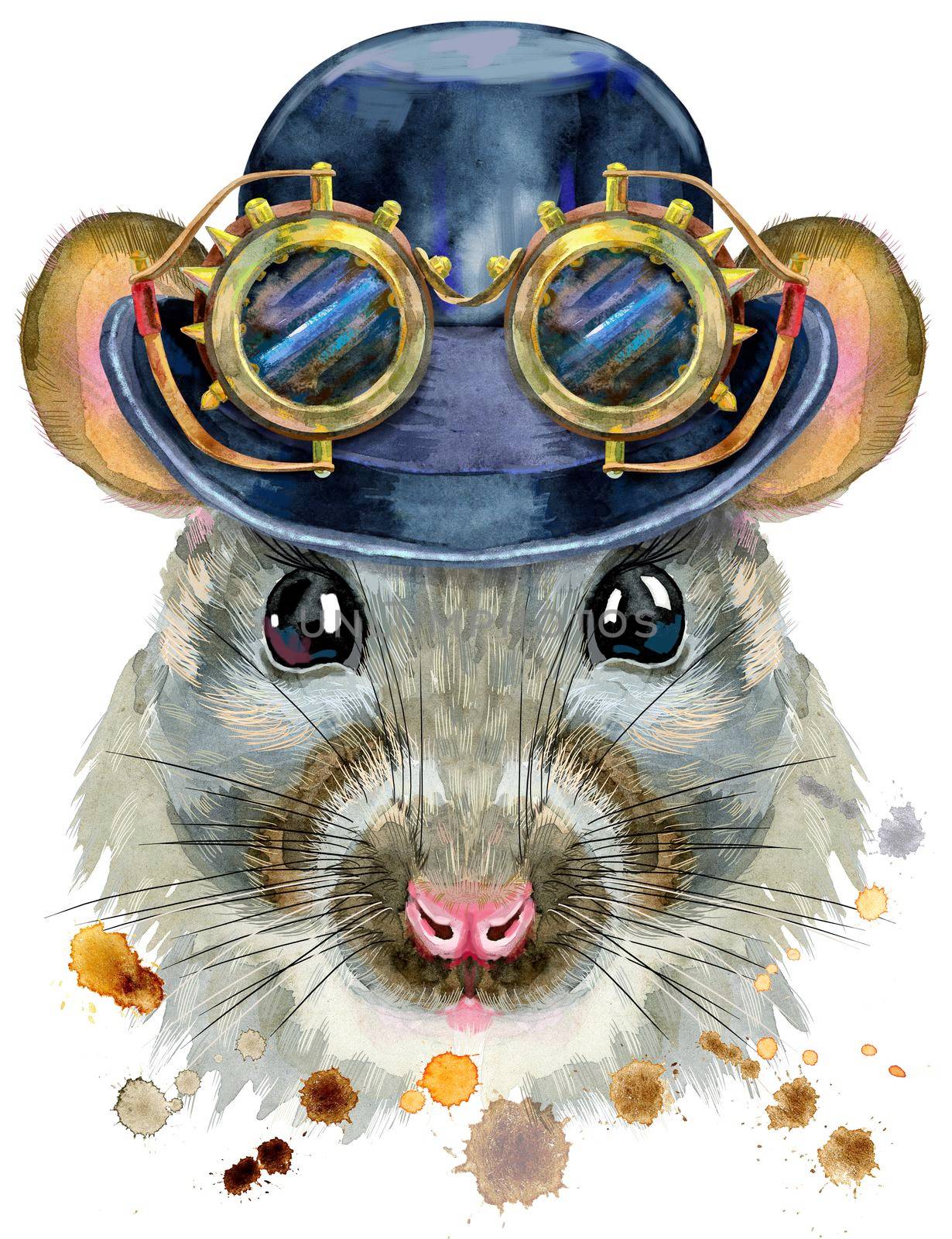 Watercolor portrait of rat with hat bowler and steampunk glasses. by NataOmsk