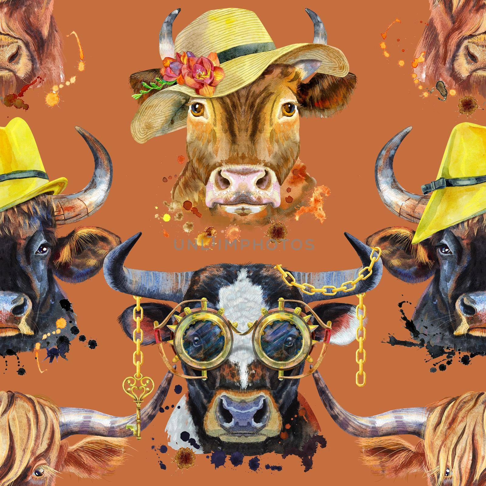 Seamless pattern. Watercolor illustration of a bulls by NataOmsk