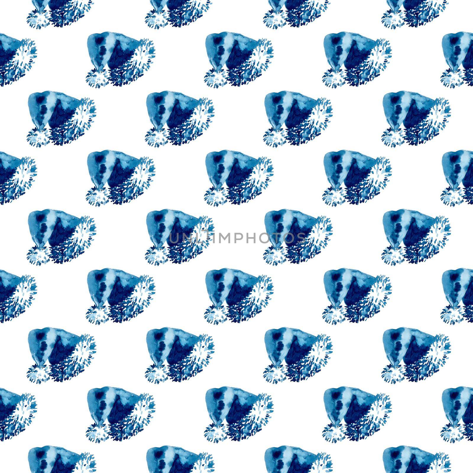 XMAS watercolor Santa Claus Hat Seamless Pattern in Blue Color. Hand PaintedCap Costume background or wallpaper for Ornament, Wrapping or Christmas Gift by DesignAB