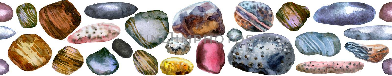 Hand drawn isolated colorful watercolor seamless border of stones on white background