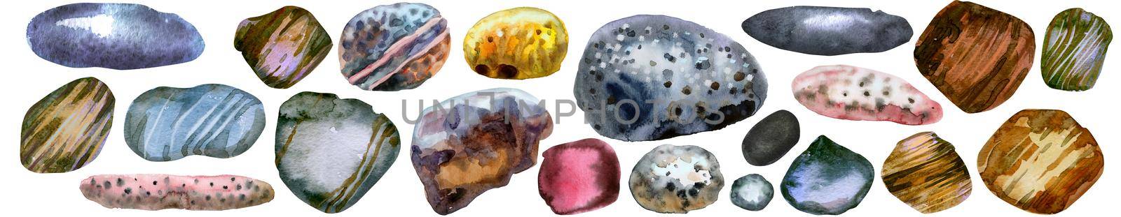 Hand drawn isolated colorful watercolor border of stones on white background