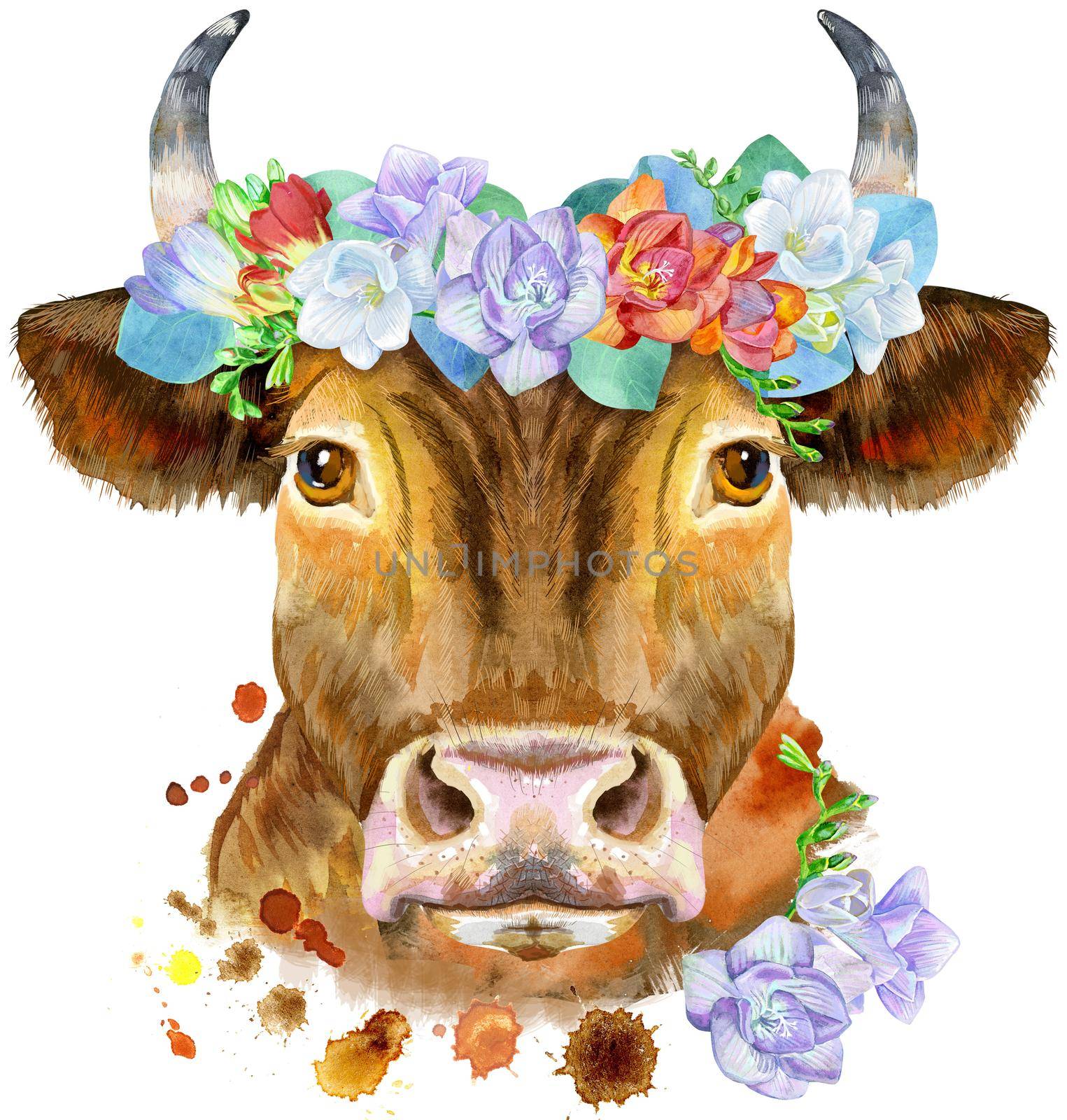 Bull watercolor graphics in wreath of freesia. Bull animal illustration with splash.