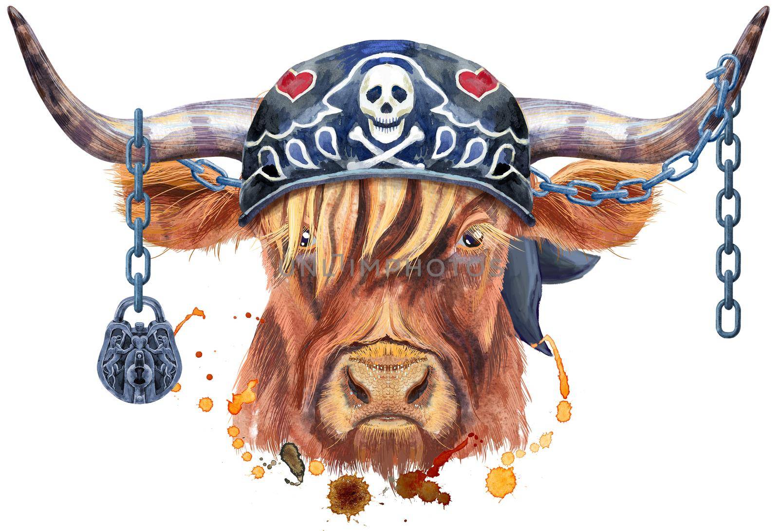 Bull in biker bandana and chains watercolor graphics. Bull animal illustration with splash watercolor textured background.