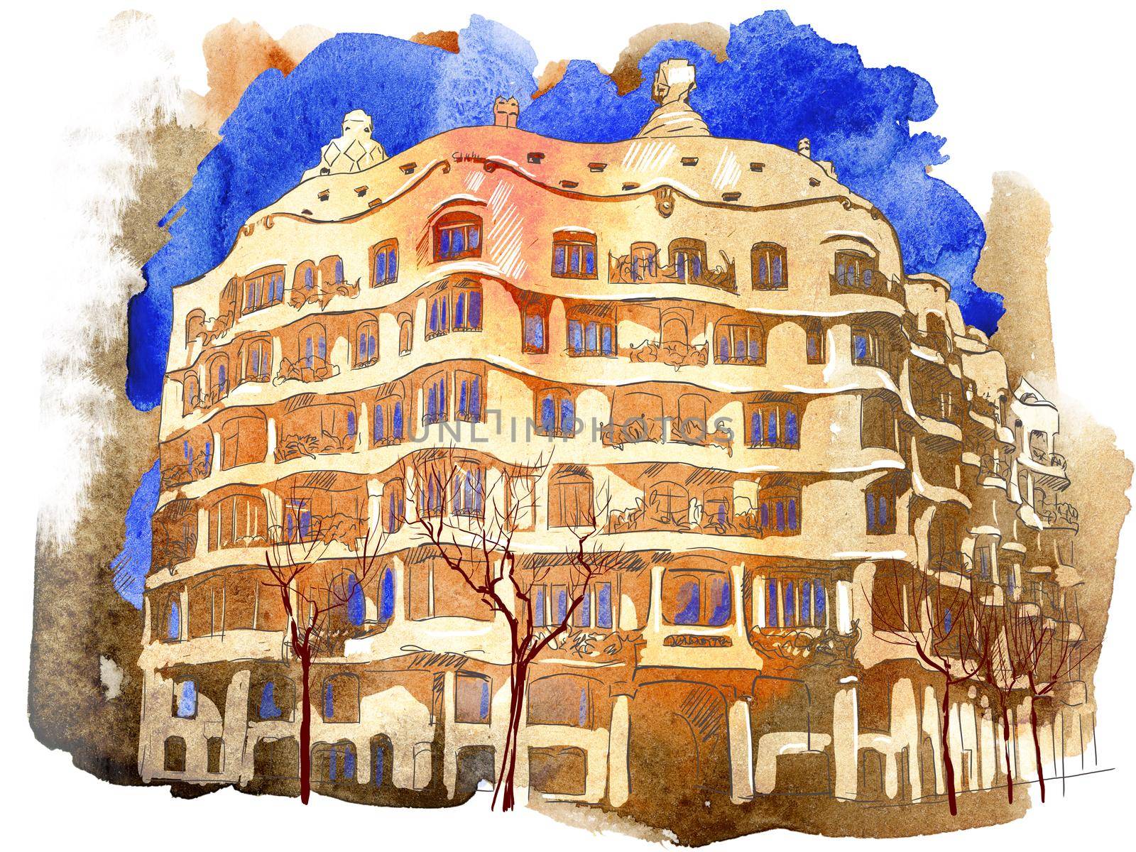Watercolor illustration of an apartment brown house