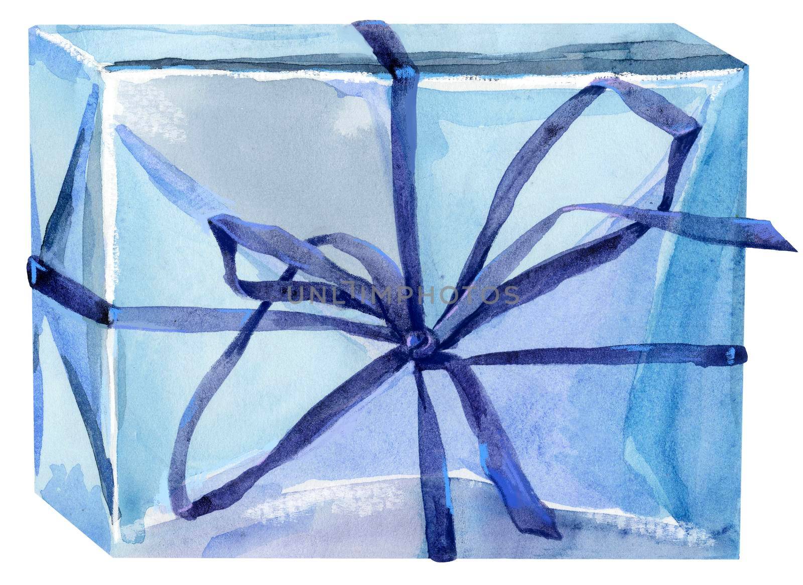 White gift box with blue ribbon bow isolated, watercolor painting on white background