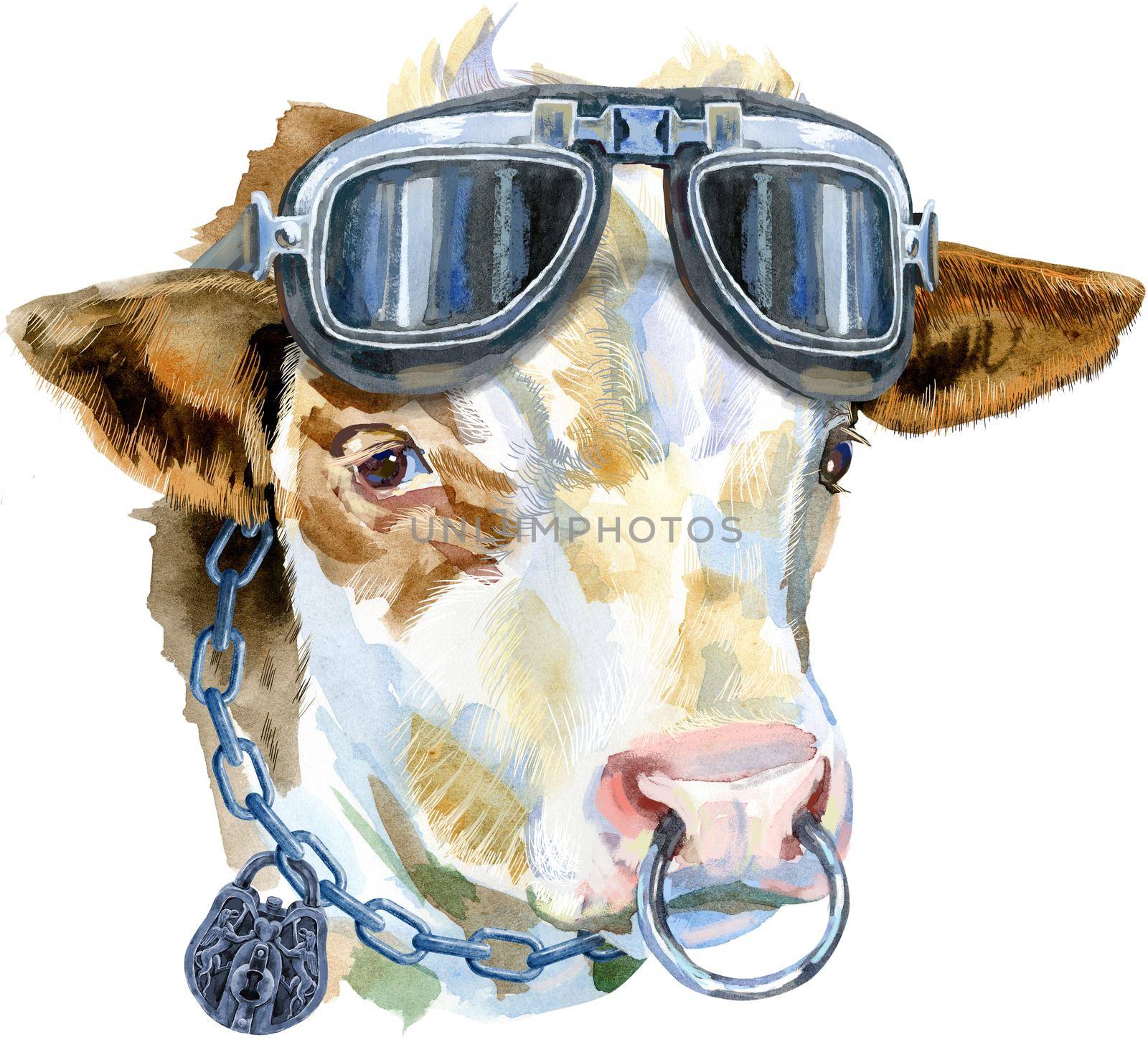 Bull watercolor graphics. Bull with biker glasses. Animal illustration watercolor textured background.