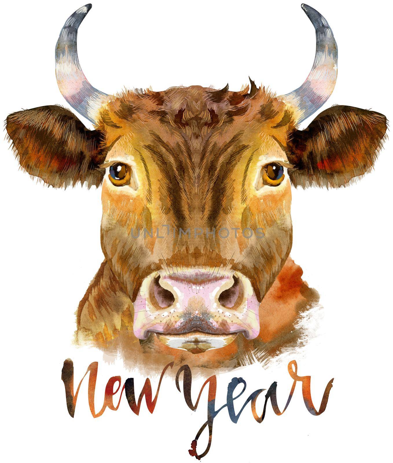 Bull with the inscription New Year. Watercolor graphics. Bull animal illustration with splash watercolor textured background.