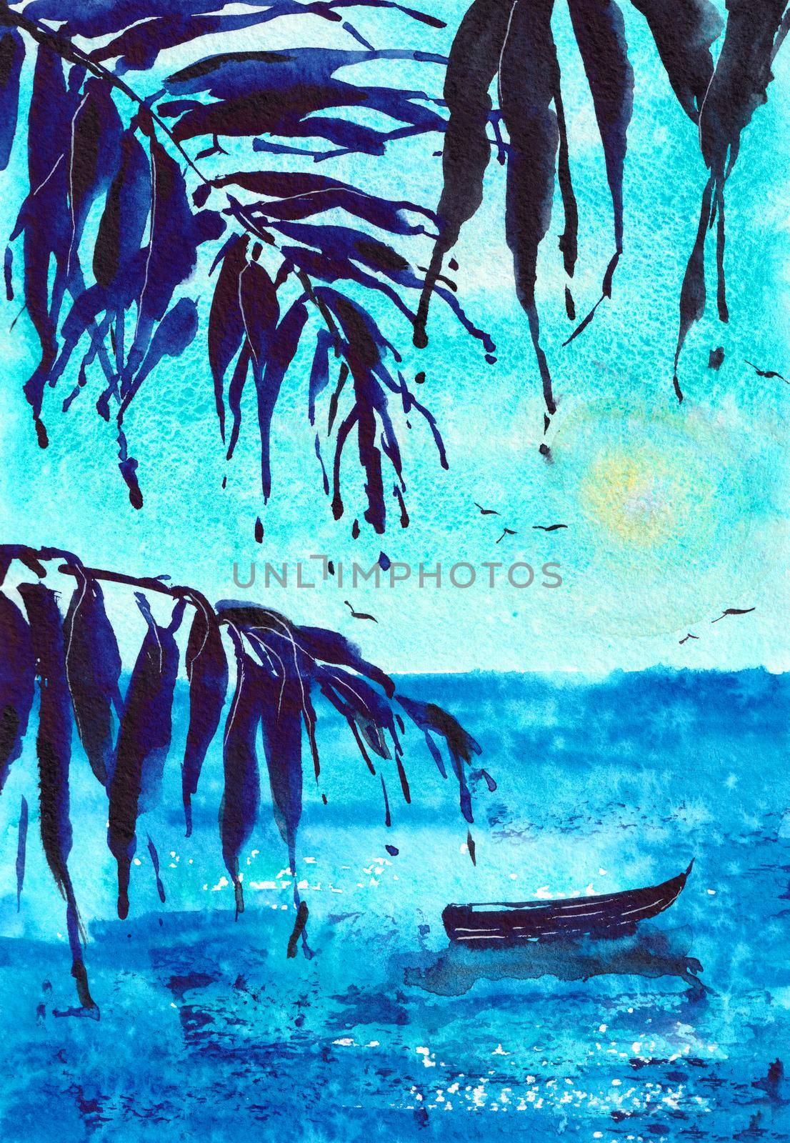 Palm Trees Watercolor Illustration Original Art Palm Leaves Artistic Painting at the paper. Sunrise Sea Ocean in Blue Colors. Can be used for Wallpaper Print and Background by DesignAB