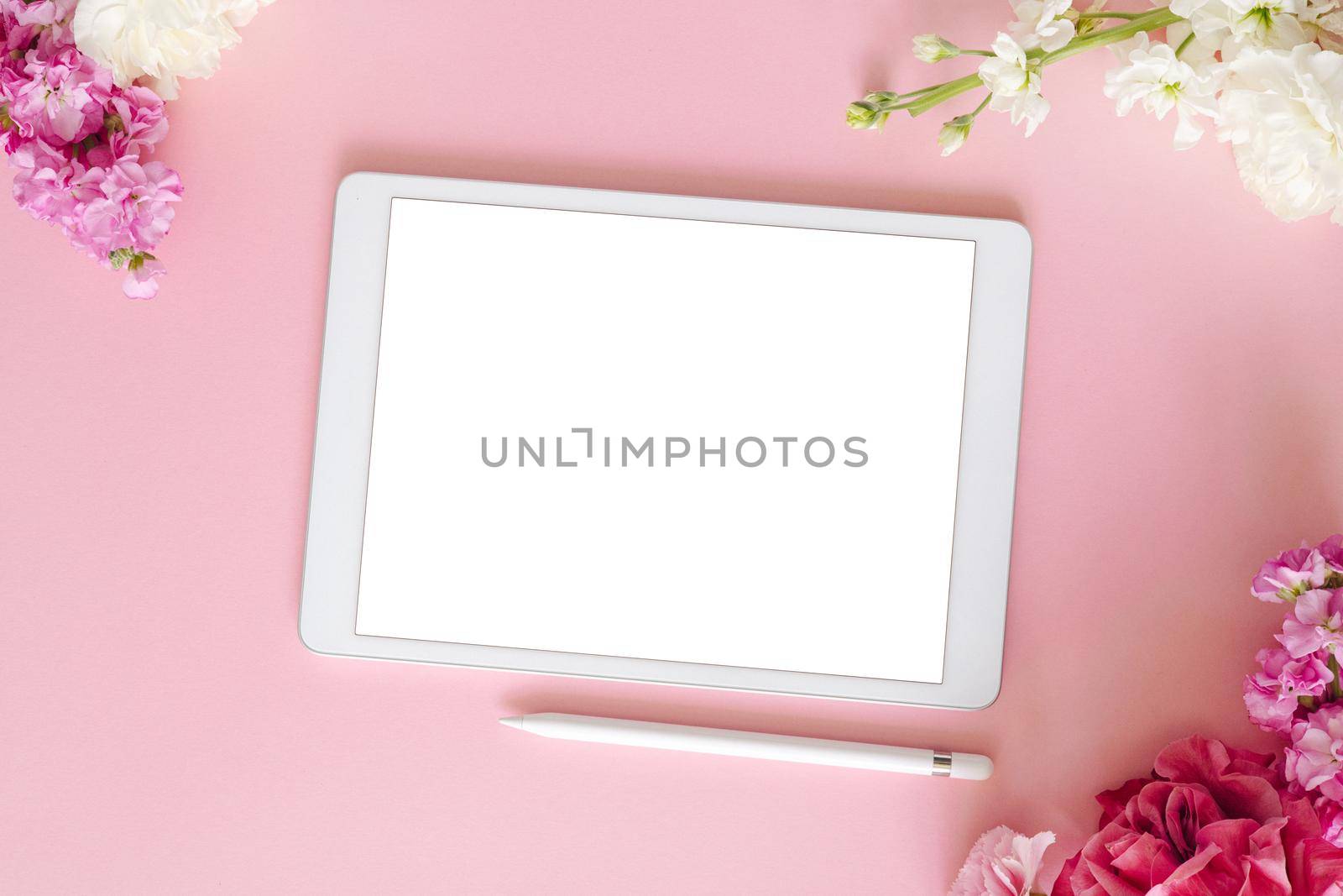 iPad pro tablet with white screen on pink color background with pen and flowers. Flatlay. Office background top view
