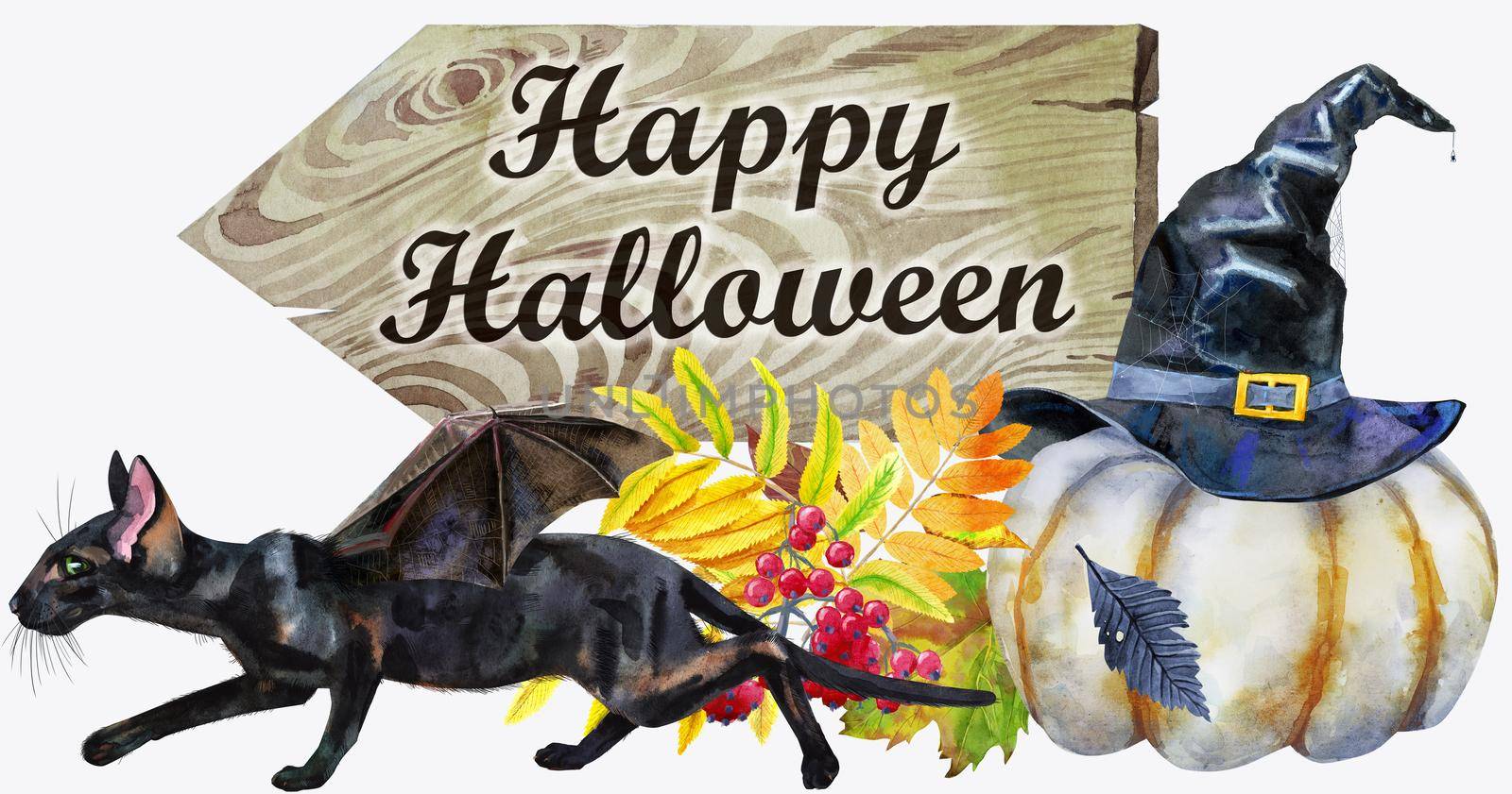 Watercolor illustration cute black cat with bat wings with to a Halloween pumpkin.