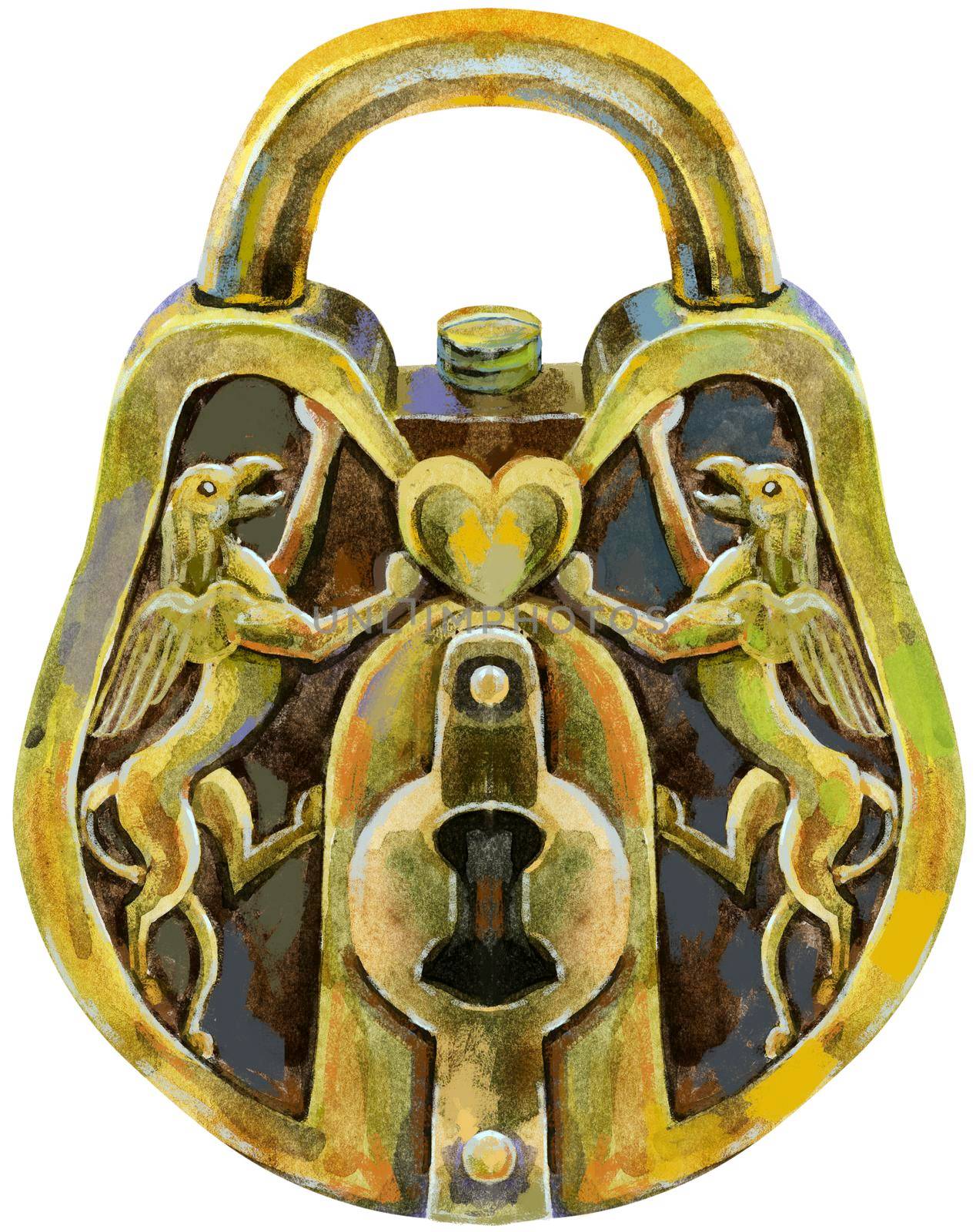 Golden lock. Watercolor illustration on a white background