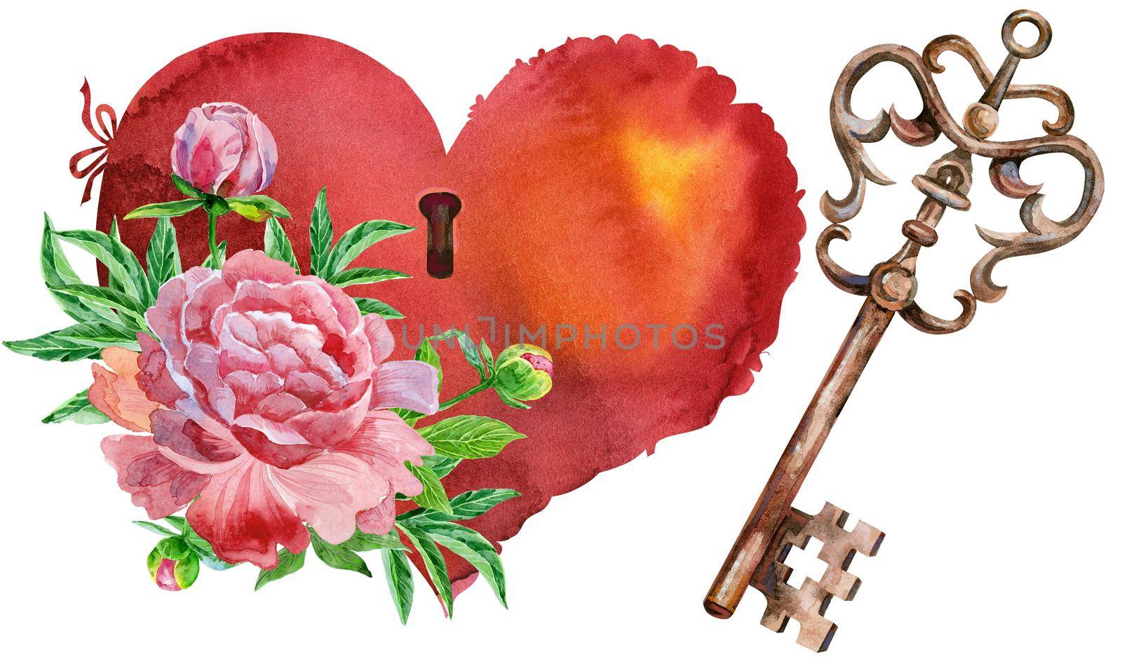 Watercolor vintage Heart, key and peonies isolated on white background by NataOmsk