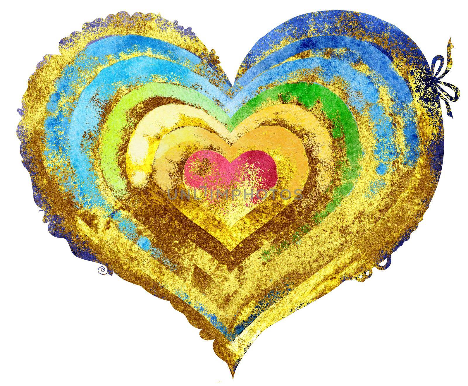 Watercolor textured rainbow heart with gold strokes by NataOmsk