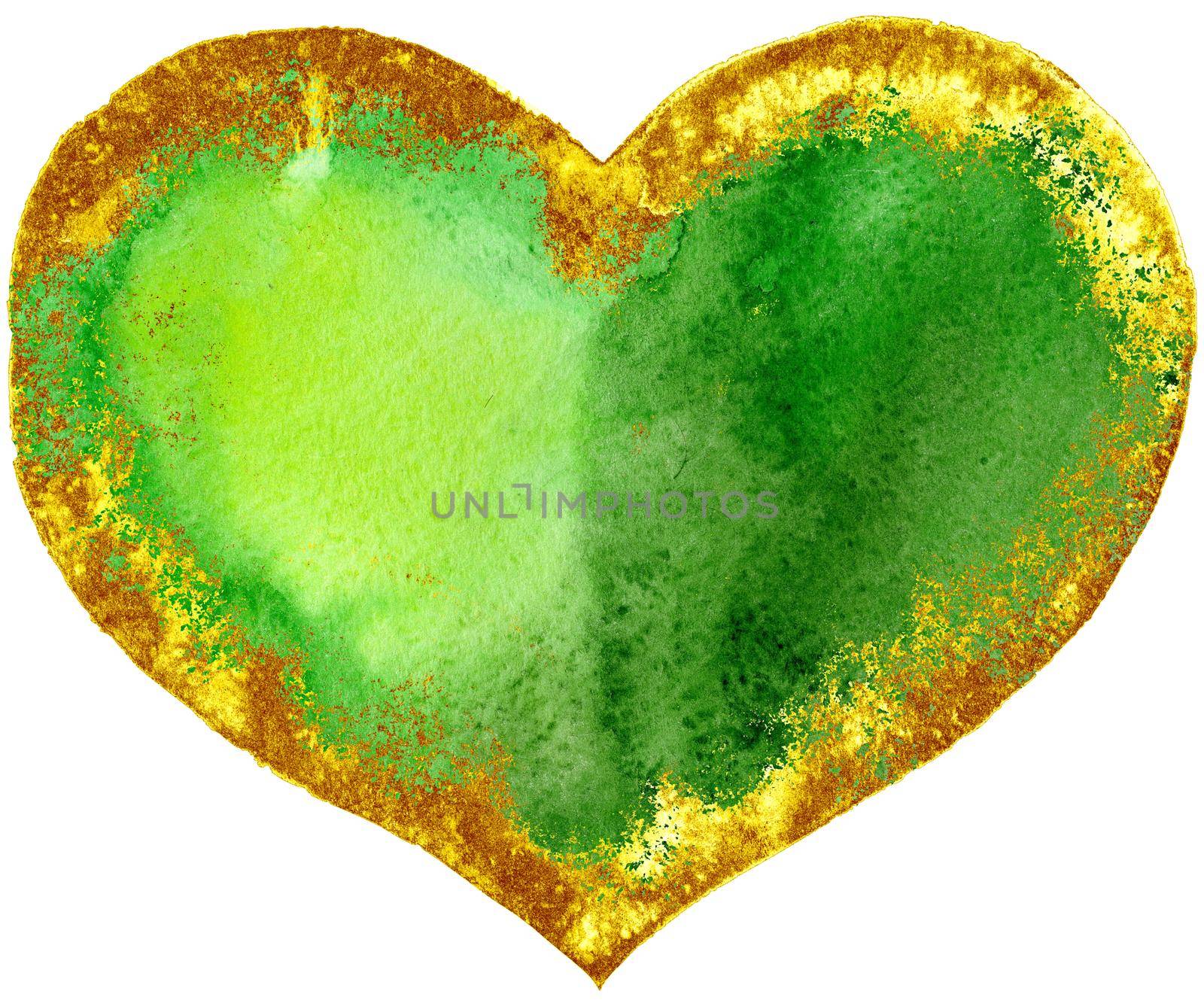 watercolor textured green heart with gold strokes by NataOmsk