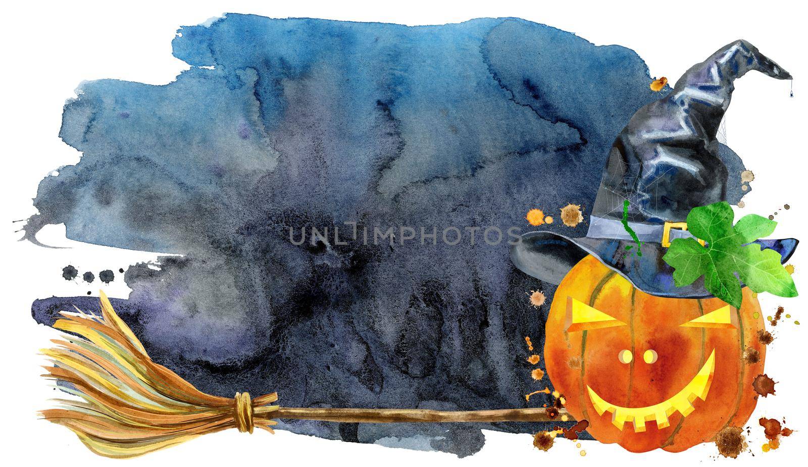Watercolor Halloween. Hand drawn holiday illustrations isolated on white background: pumpkin in a witch hat on black background. Artistic autumn decor clip art. Jack O Lantern