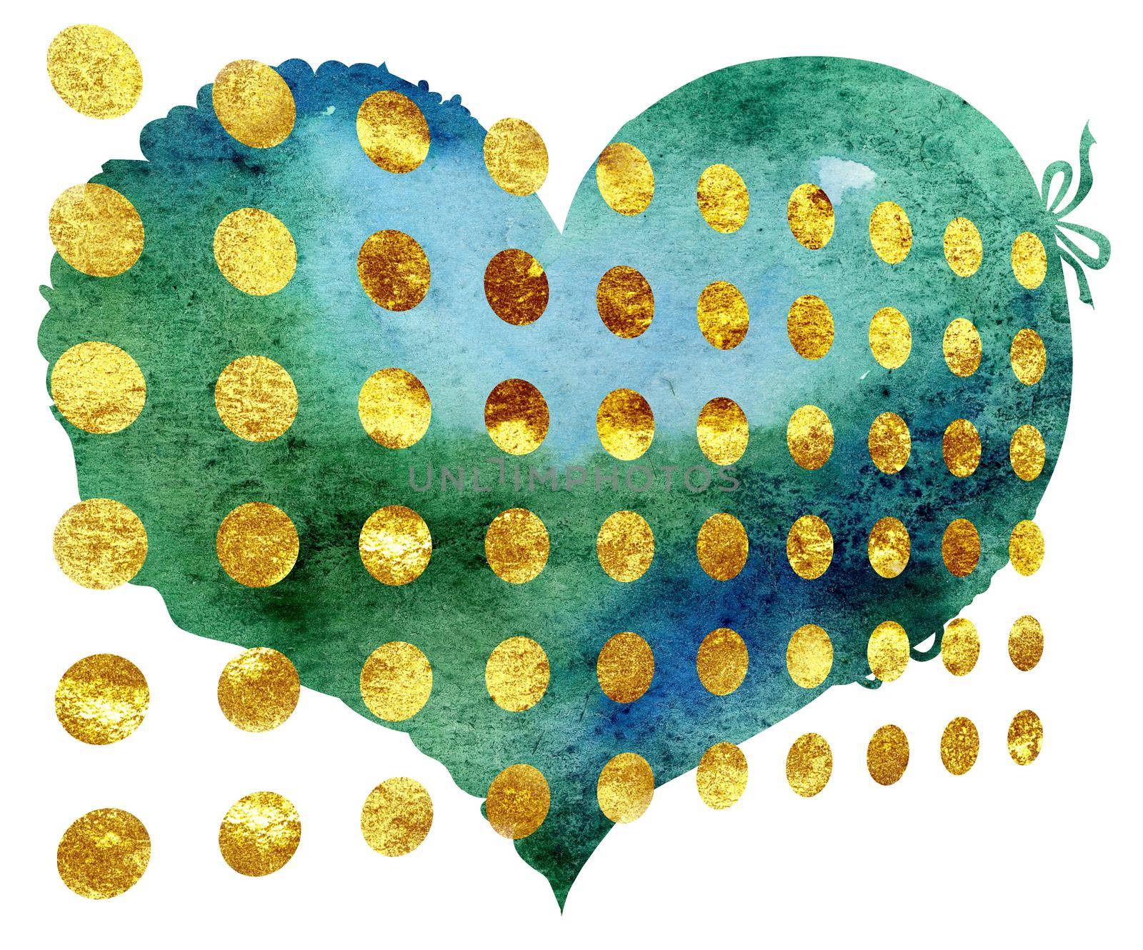 watercolor dark green heart with gold dots by NataOmsk