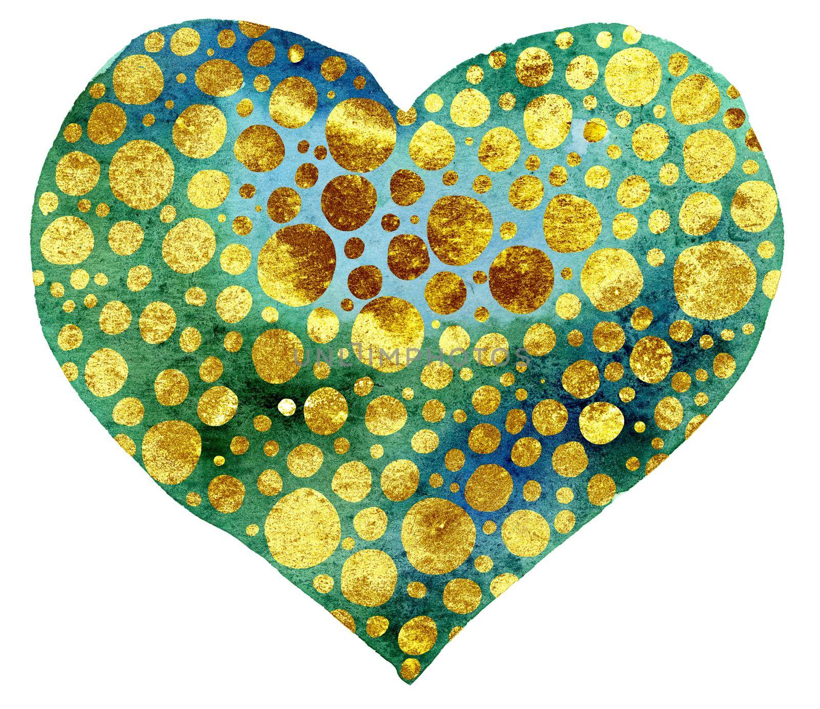 Watercolor dark green heart with gold dots by NataOmsk