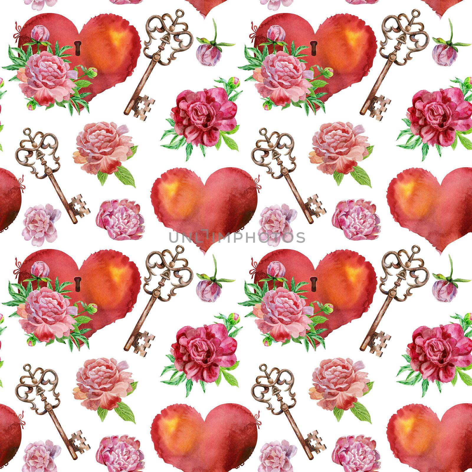 Seamless watercolor pattern with vintage hearts, keys and peonies isolated on white background by NataOmsk