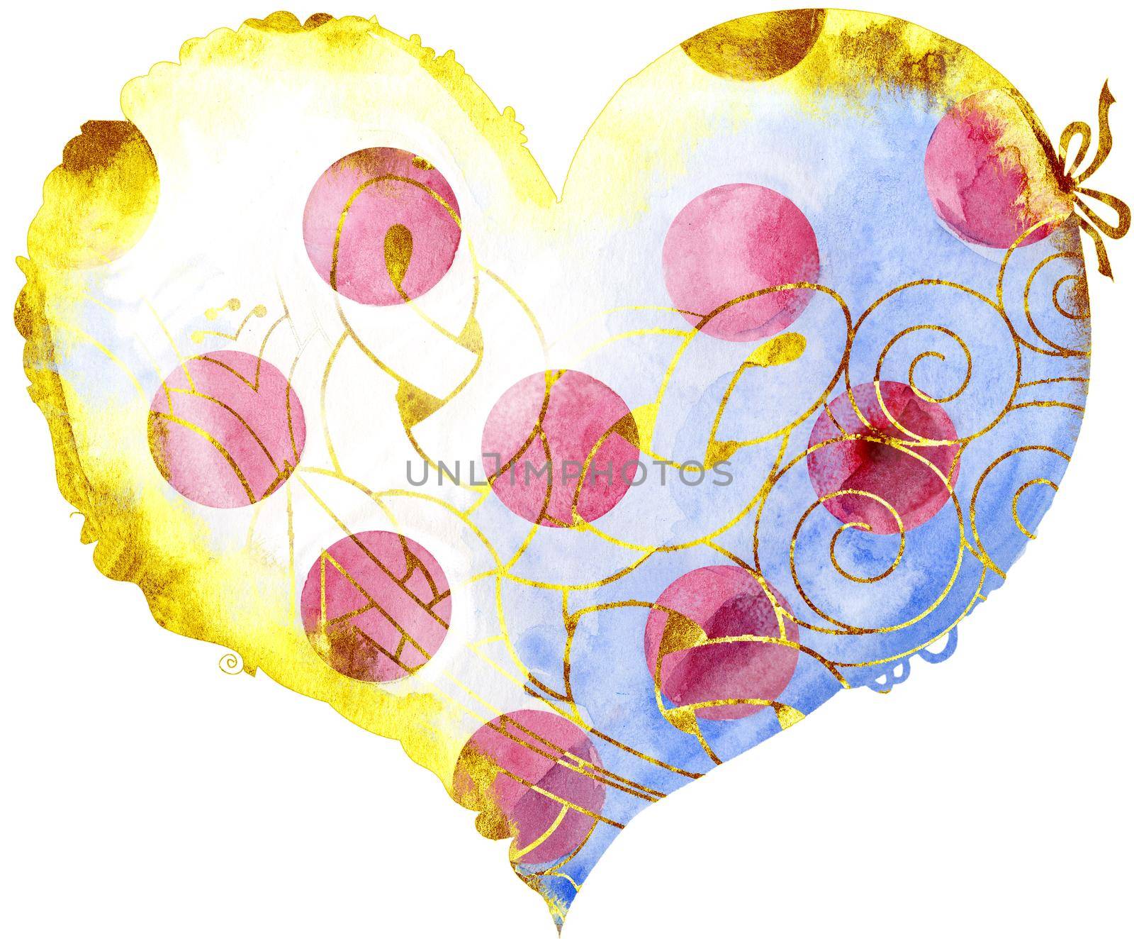 Watercolor white heart with pink polka dots with a lace edge on a white background.